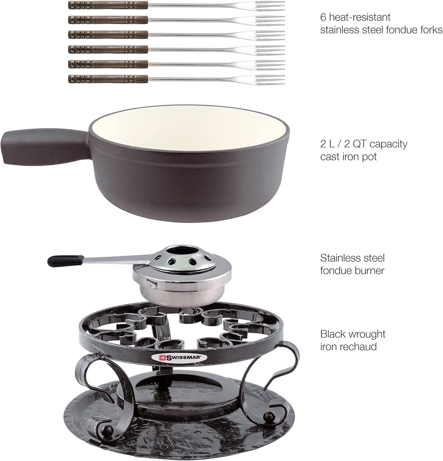 Swissmar KF-66513 Lugano 2-Quart Cast Iron Cheese Fondue Set, 9-Piece, Matte Black - Image 4