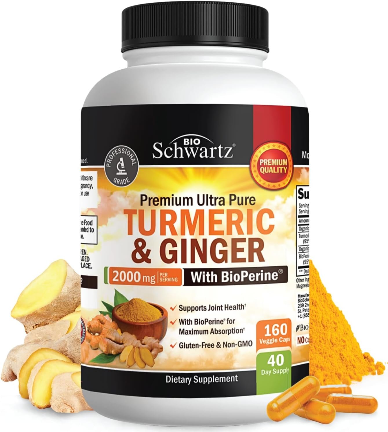 Turmeric Curcumin and Ginger 2000mg with BioPerine for Maximum Absorption, 95% Standardized Curcuminoids Natural Turmeric Supplement for Joint & Immune Support - Gluten-Free, No-GMO, 160 Capsules - Image 2