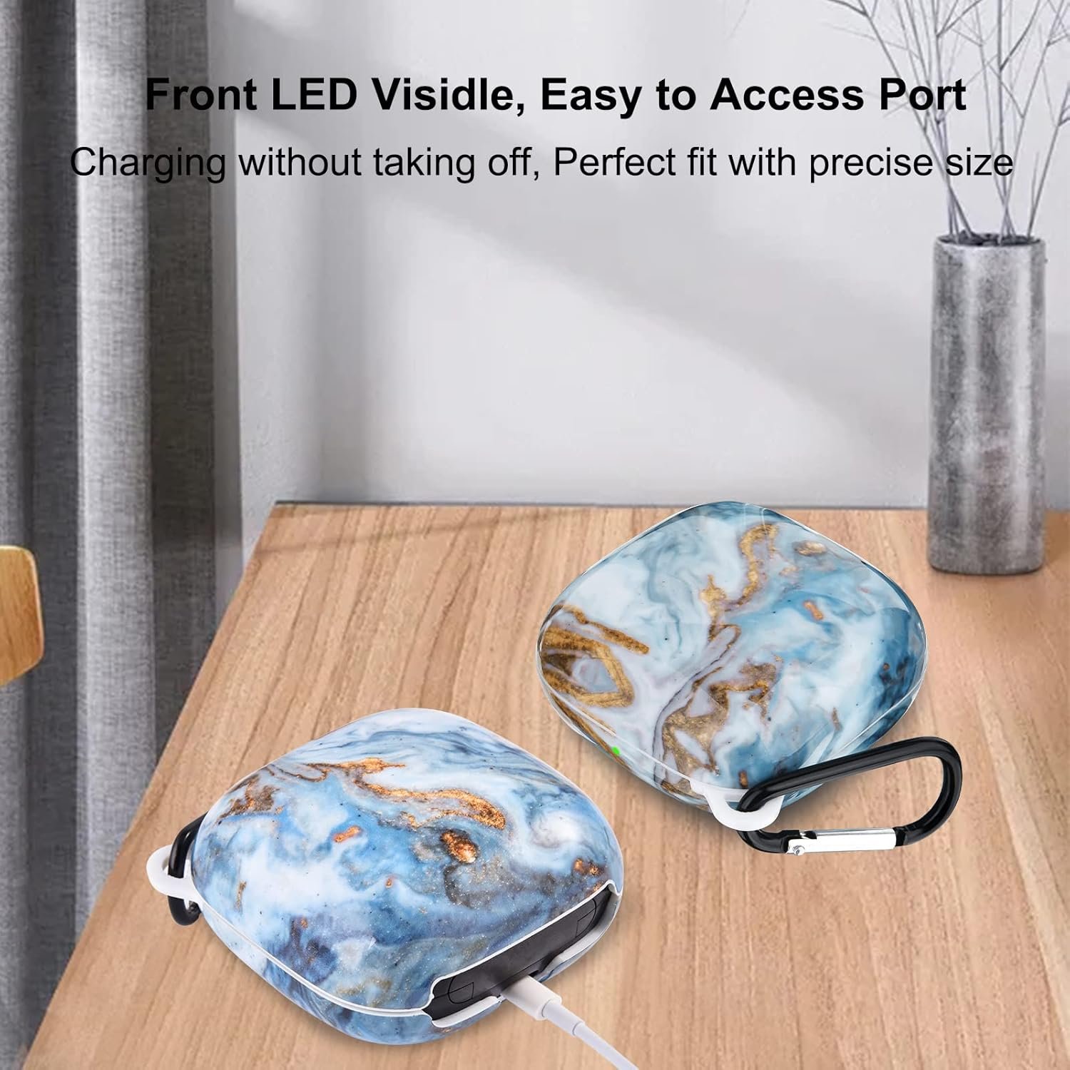 Case Compatible with Powerbeats Pro Case Cover, Upgraded Anti-Lost & Shockproof Protective Case with Carabiner for Beats Powerbeats Pro (Marble Blue) - Image 5