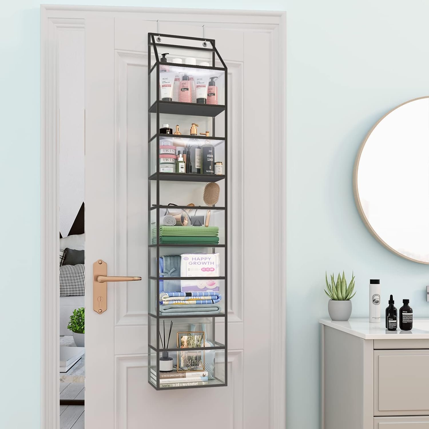 Fixwal Over The Door Hanging Pantry Organizer 5-Shelf Room Organizer with Clear Plastic Pockets Behind The Door Storage Organizer Large Capacity Organizer for Closet Bedroom Bathroom (Grey) - Image 3