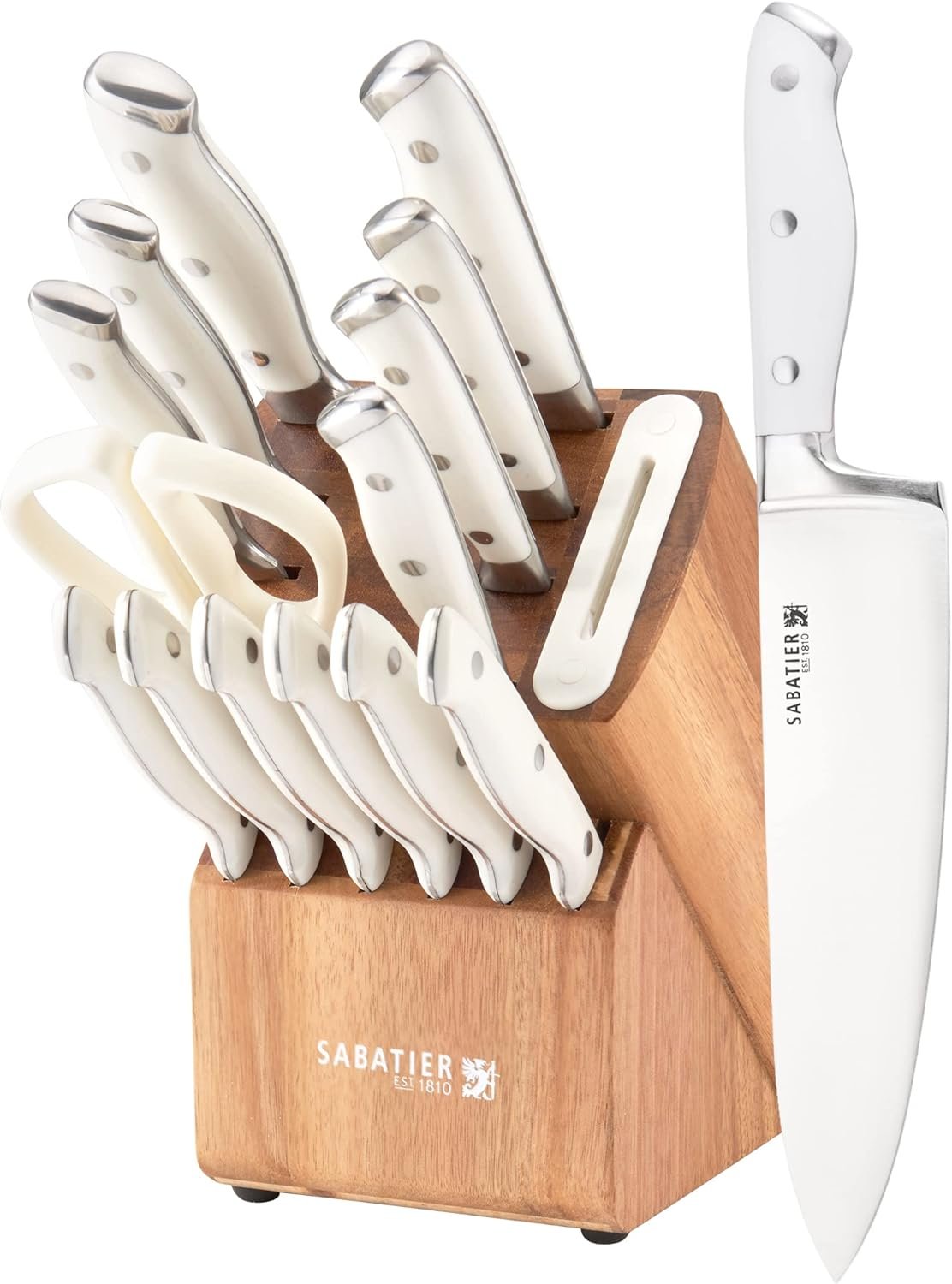 Sabatier 15-Piece Forged Triple Rivet Knife Block Set with Built-in Sharpener, High-Carbon Stainless Steel Kitchen Knives, Razor-Sharp Knife set with Acacia Block and Edgekeeper Technology, White - Image 2