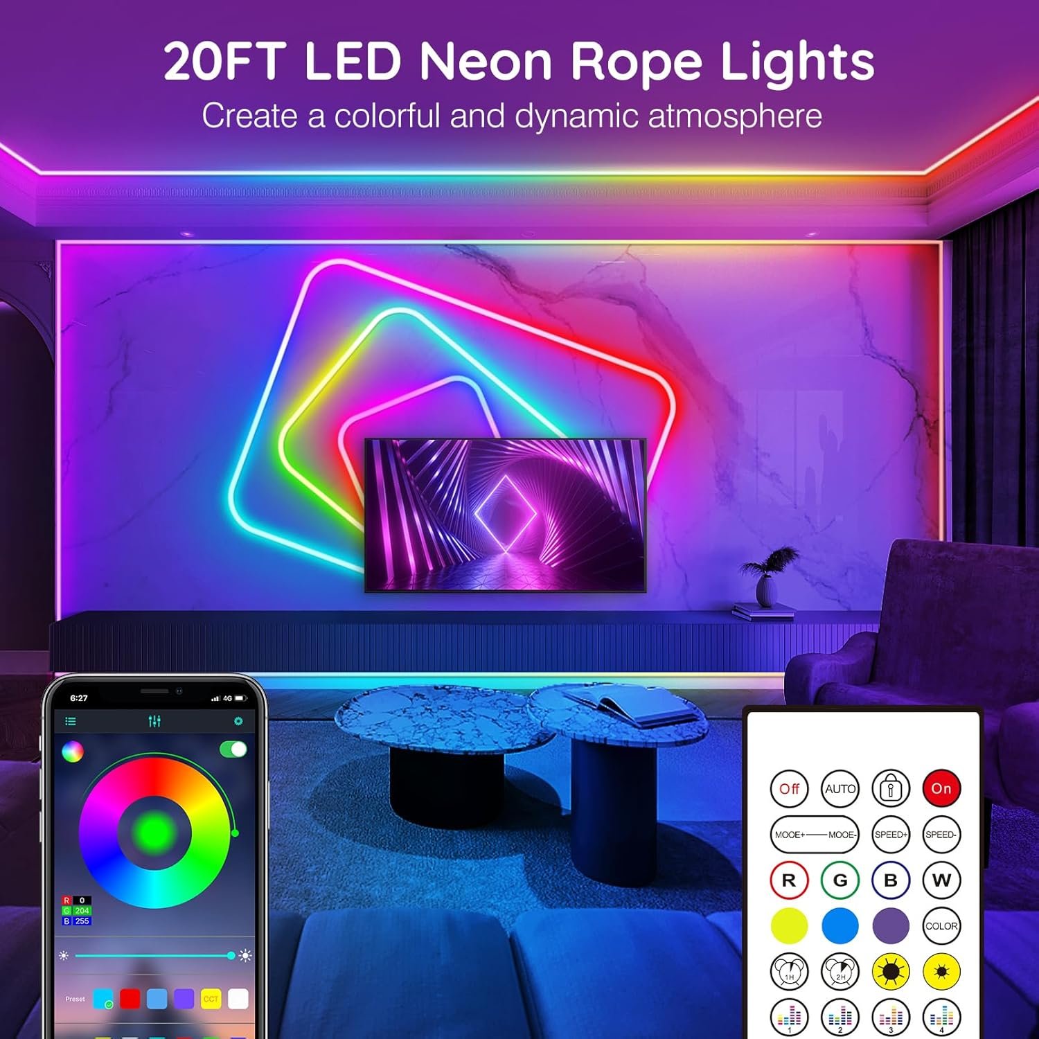 20Ft Neon Rope Lights,Flexible Led Rope Lights Control with App/Remote,Multiple Modes Rope Lights,IP65 Outdoor RGB Led Neon Lights Waterproof,Music Sync Gaming Led Neon Light Strip for Bedroom Decor - Image 3