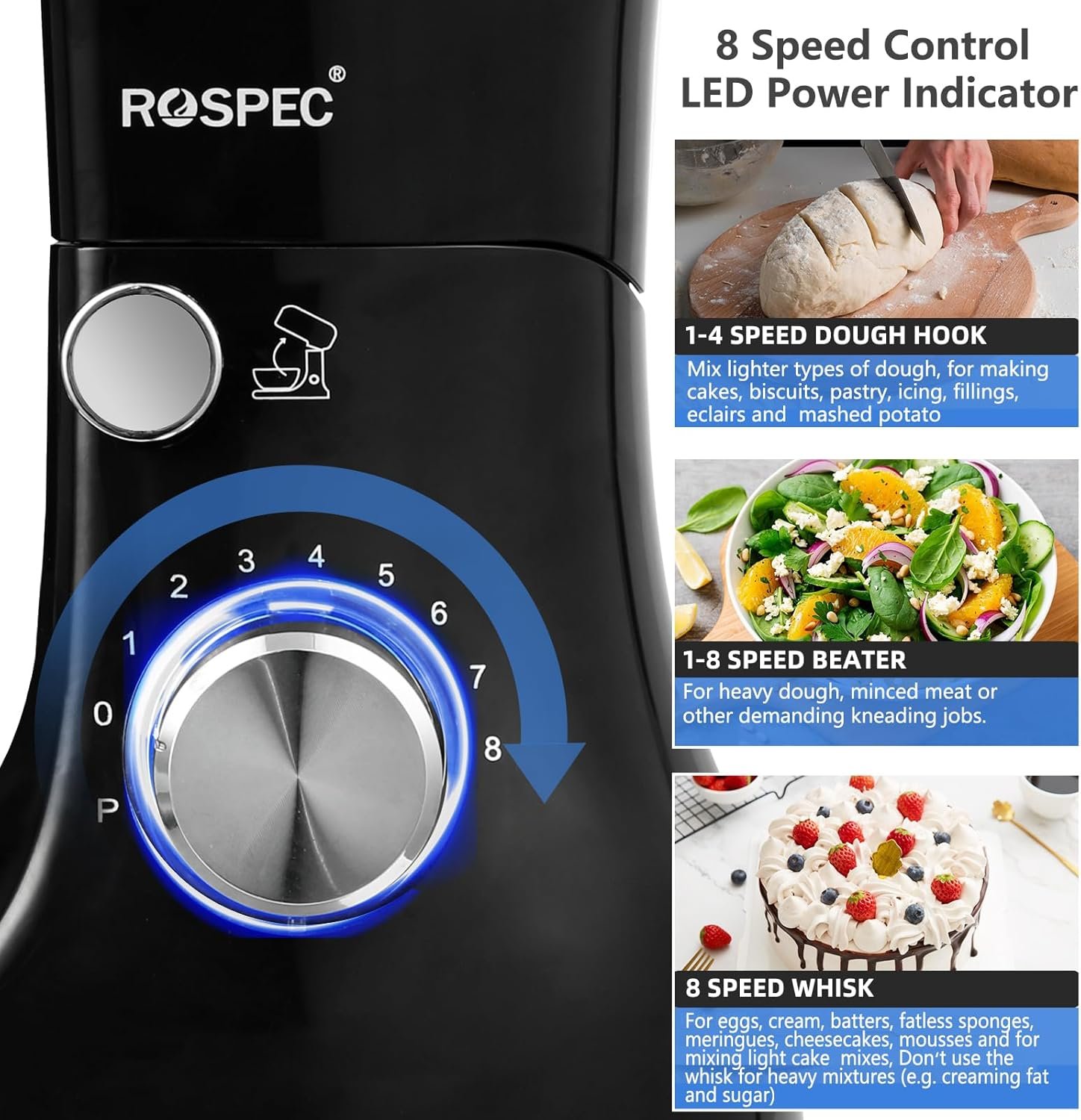 Stand Mixer,6.5-QT 660W 8-Speed Tilt-Head Food Mixer, Kitchen Electric Mixer with Dough Hook, Wire Whip & Beater (Black) - Image 7