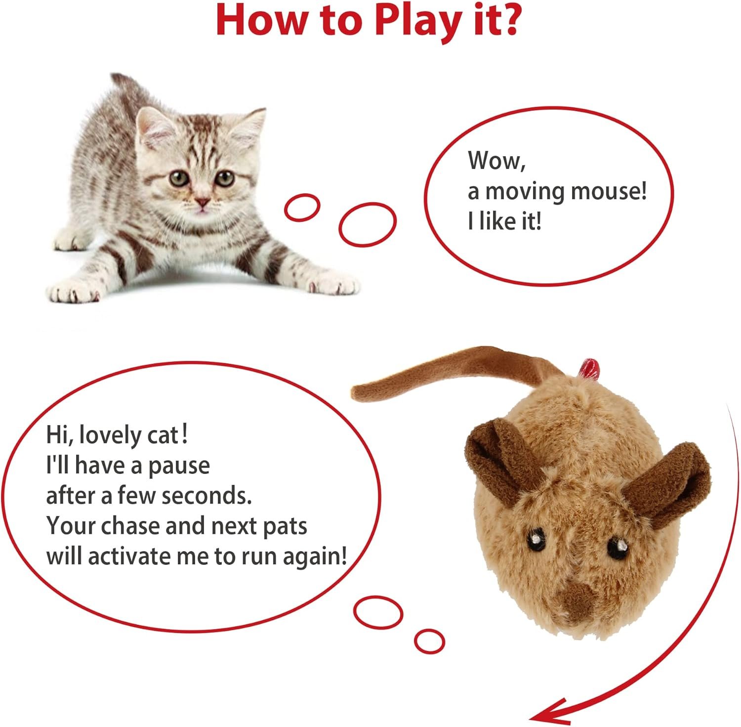 Gigwi Interactive Cat Toy Mouse, Moving Automatic Cat Toys Mice Electronic with Furry Tail, Automatic Squeaky Cat Toys for Kitten Indoor/Outdoor Exercise (Brown-Ear) - Image 4