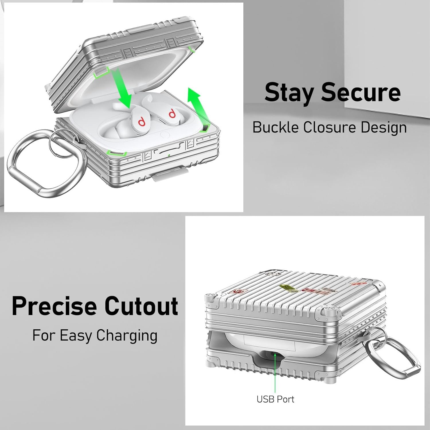 for Beats Fit Pro Case Cover,Fanny Cute Case for Apple Beats Fit Pro 2021 Fashion Suitcase Design Hard Protective Earbuds Case for Women Men with Keychain Accessories-Silver - Image 6