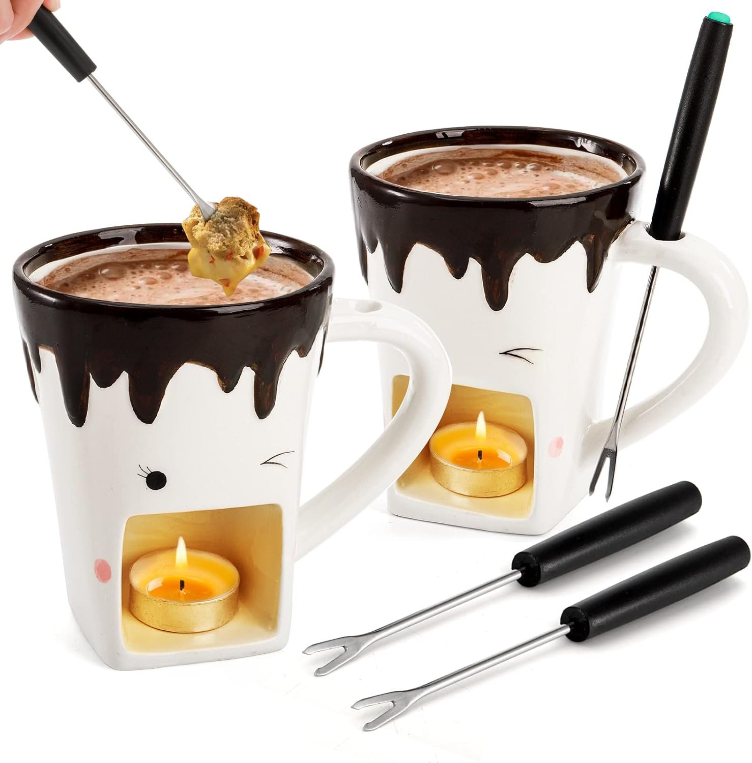 Dicunoy Set of 2 Fondue Mugs with Forks, Ceramic Personal Chocolate Melting Cup for Cheese, Individual Ceramic Butter Warmers Pot, Tealight Candle Mini Simmer Mug for Caramel, Tapas - Image 2