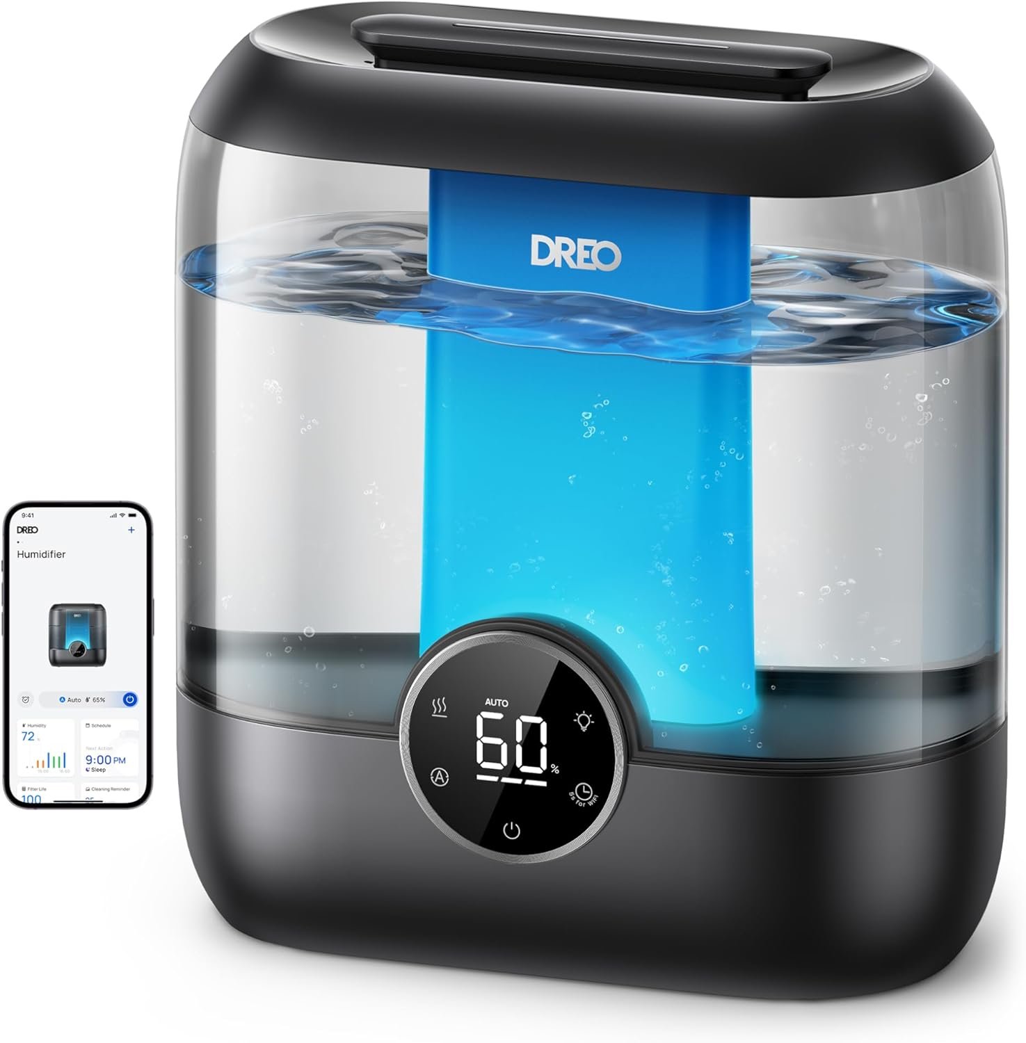 Dreo Smart Humidifiers for Bedroom, 6L Top Fill Supersized Cool Mist Humidifier for Large Room, 60 Hour Runtime, Quiet Ultrasonic Humidifiers for Plants, Baby, Indoor, Home, Night Light, Black - Image 2