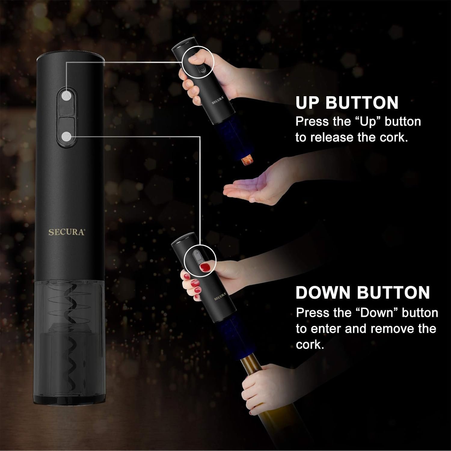 Secura Electric Wine Opener, Automatic Electric Wine Bottle Corkscrew Opener with Foil Cutter, Rechargeable (Black) - Image 6