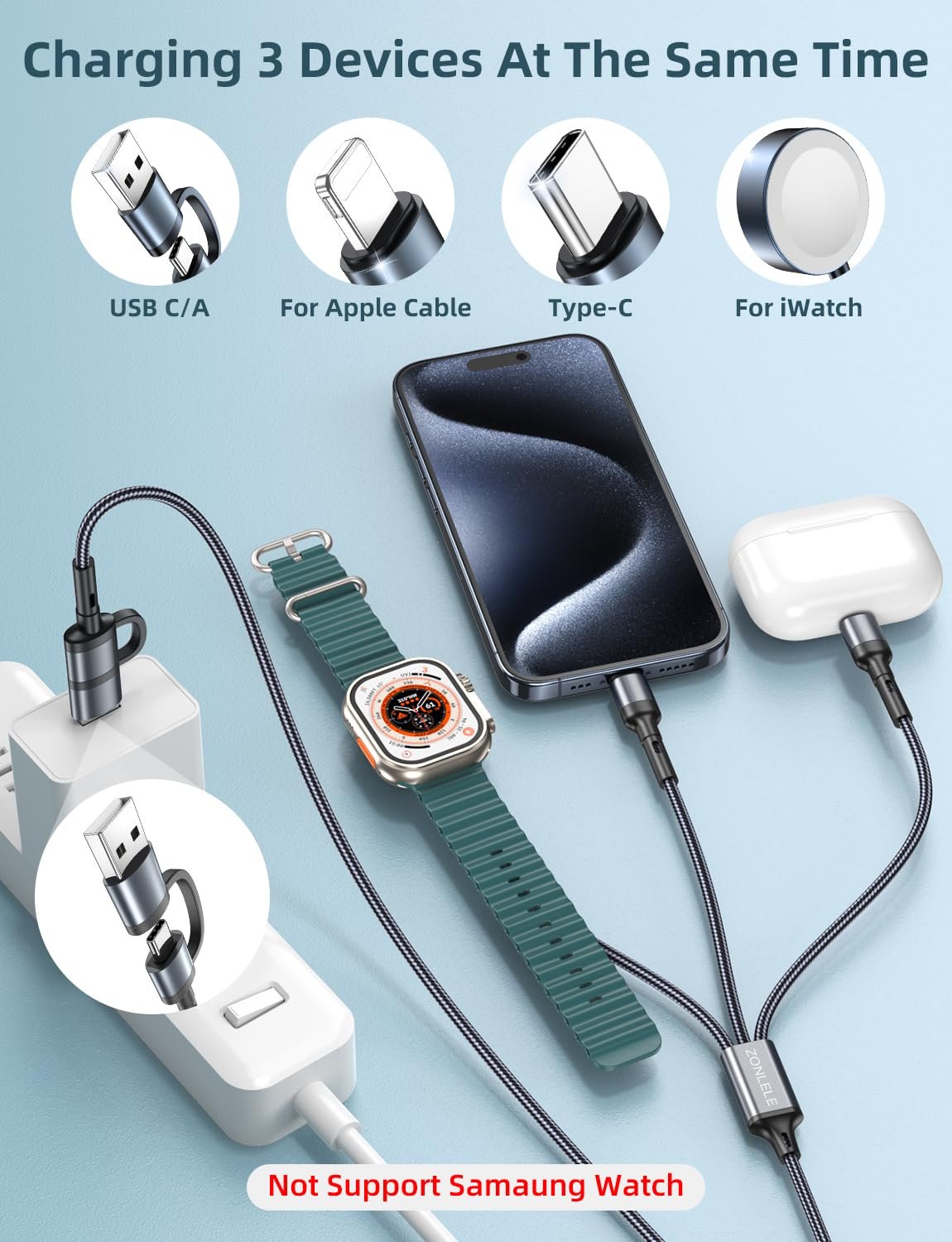 Charger Cable for Apple Watch Upgraded 3 in 2 Fast iPhone Watch Charger USB C Multi Fast Charging Cable Compatible with iWatch Ultra/SE/10/9/8/7/6/5/4/3/2/1 & iPhone 16/15/14/13/12/11/Galaxy S23-4FT - Image 3