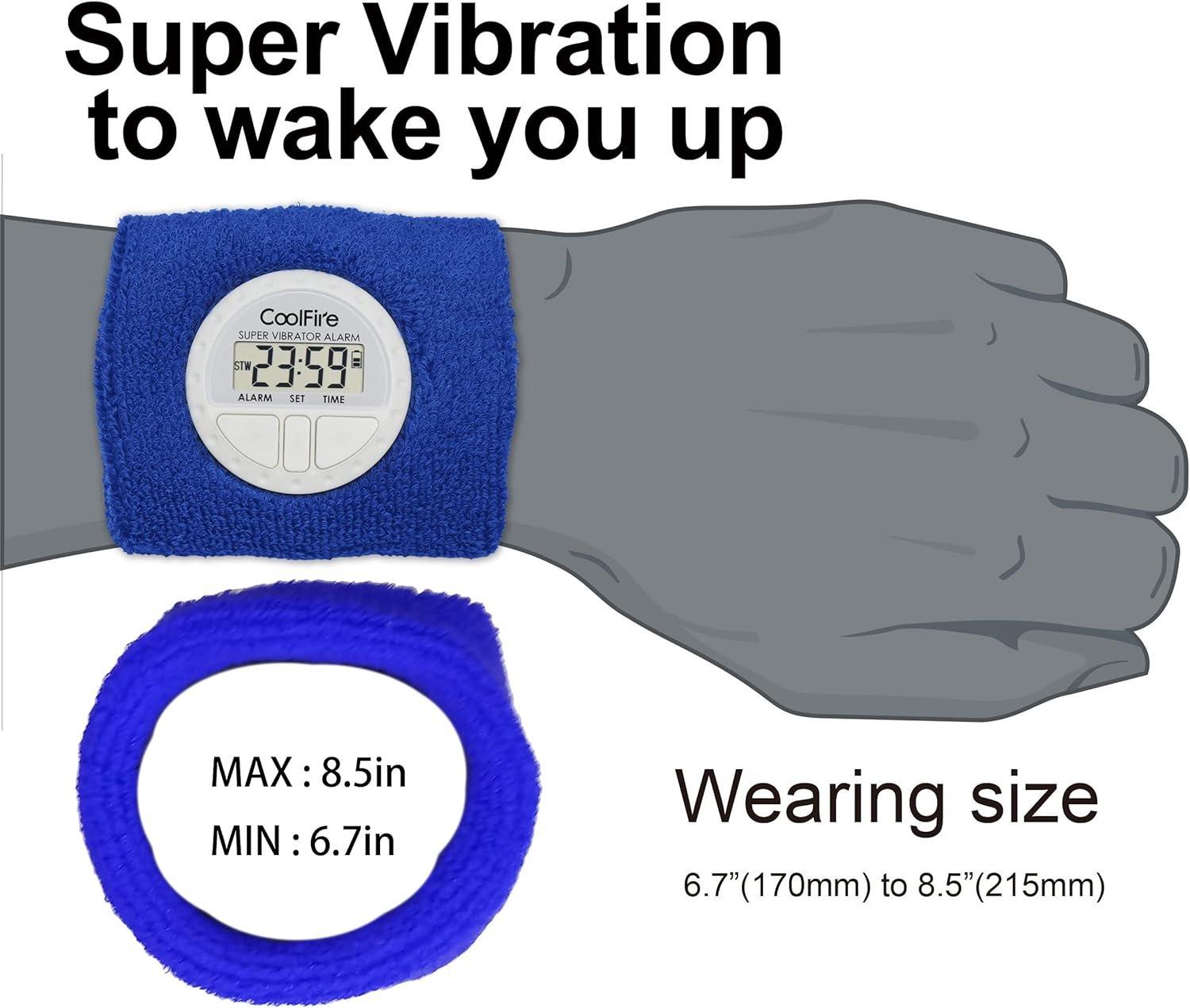 Coolfire Vibrating Alarm Clock - Silent Alarm Wristband Vibrating Alarm Watch. Silent Wrist Shock Alarm Clock. Vibration Alarm Bracelet Alarm Clock Deep Sleeper & Vibrate Alarm (Blue) - Image 7