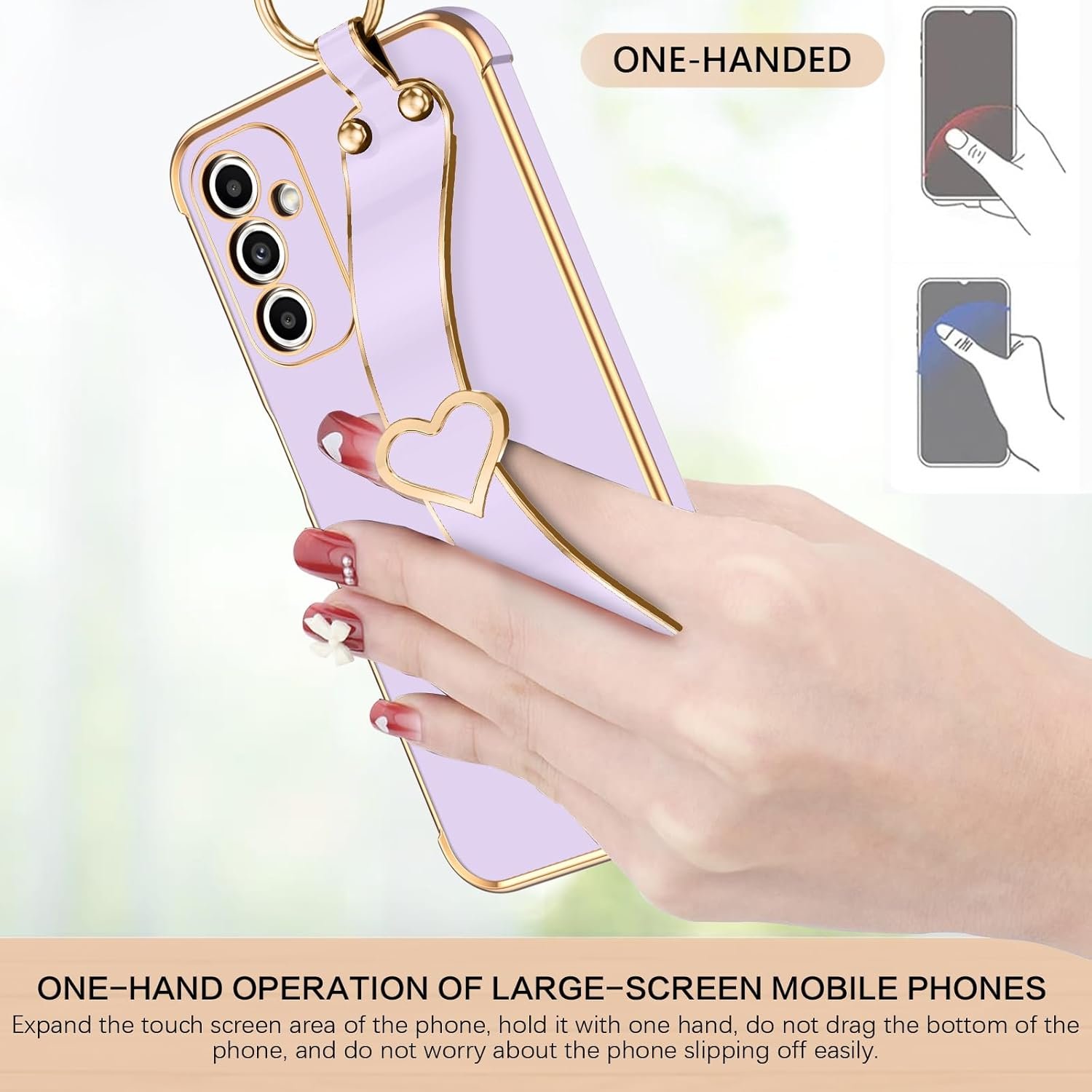 BENTOBEN for Galaxy A14 5g Phone Case with Adjustable Wristband Kickstand, Cute Heart Luxury Plating Bumper, Raised Corners Shockproof Women Girls Phone Cover for Samsung Galaxy A14, Lavender Purple - Image 6