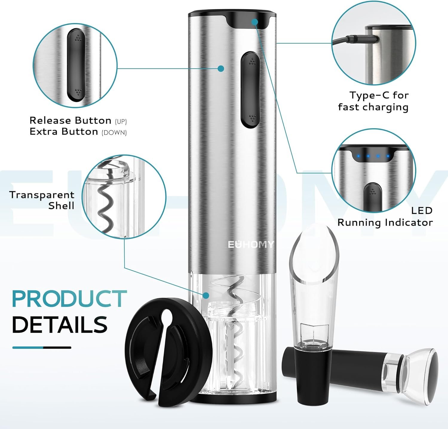 EUHOMY Electric Wine Opener Set, Wine Bottle Opener with Wine Aerator Pourer and Foil Cutter, Stainless Steel Automatic Corkscrew Opener with Wine Vacuum Stopper,Fine Set for Wine Lovers - Image 3