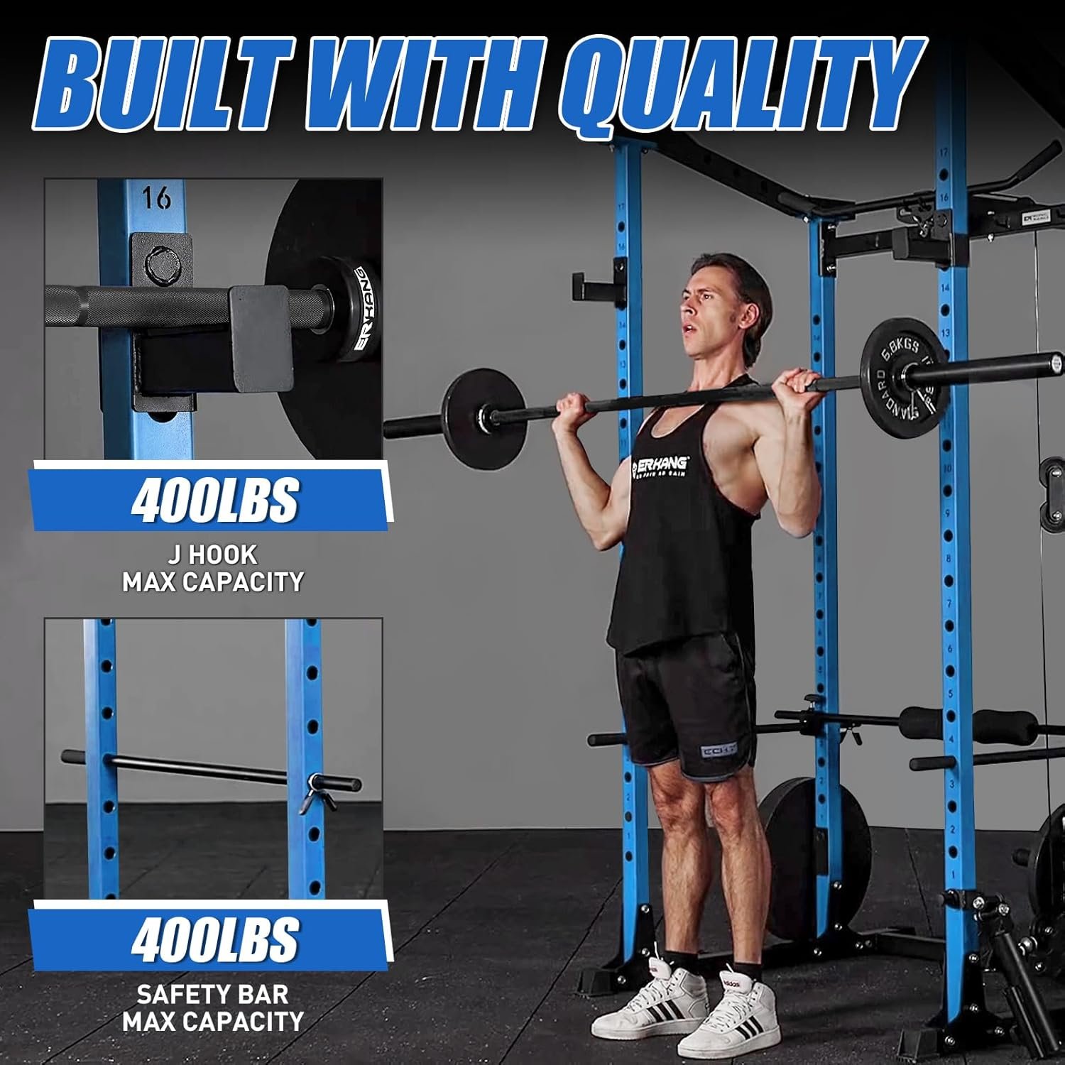 ER KANG Power Cage, Power Rack with LAT Pulldown, Multi-Functional Squat Rack, Squat Cage with More Training Attachments for Home Gym(Blue) - Image 5