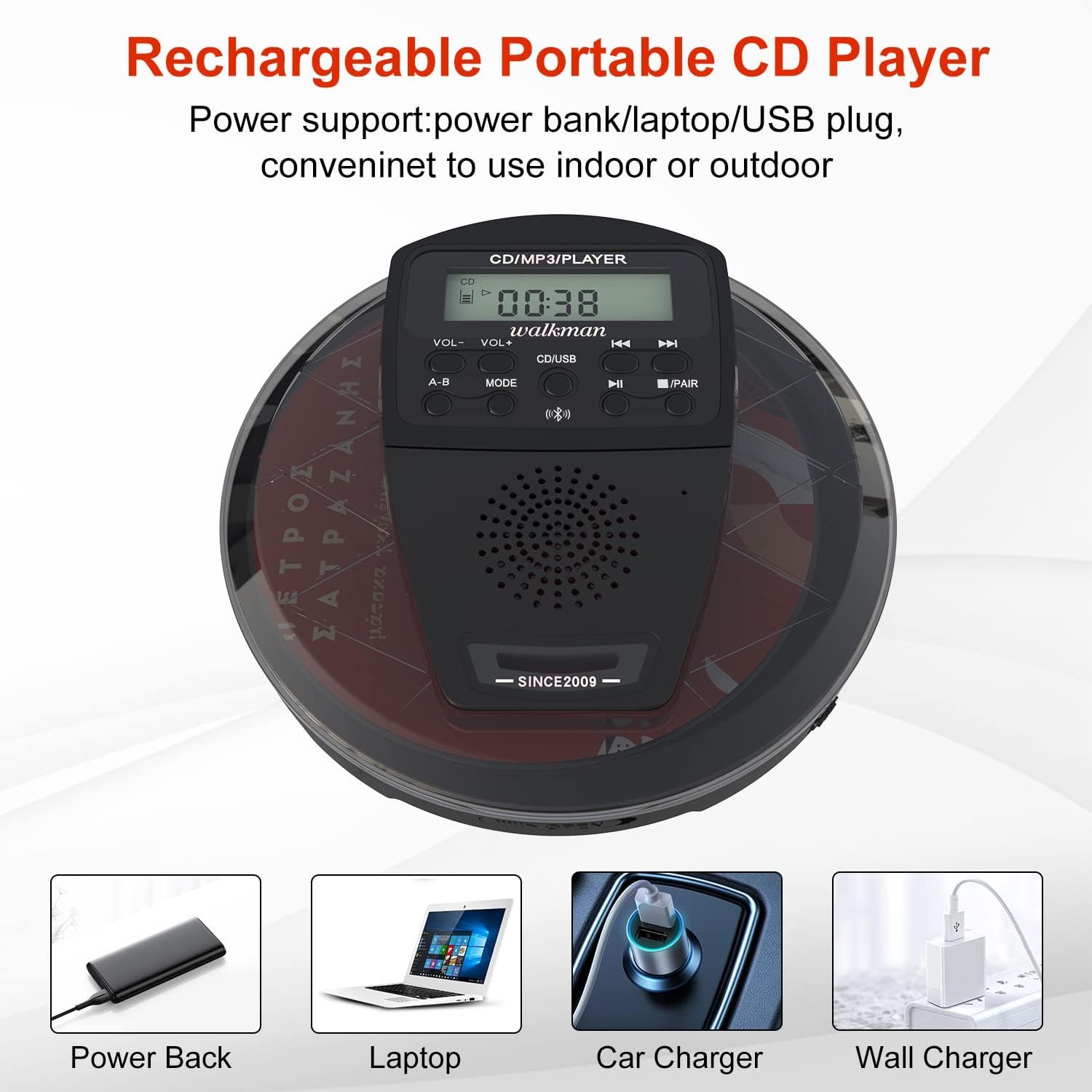 Rechargeable CD Player Portable with Bluetooth,Compact Anti-Skip Shockproof Walkman CD Player with Earphone, Stereo Speakers&LCD Display for Car/Home/Travel (AUX Output) - Image 5