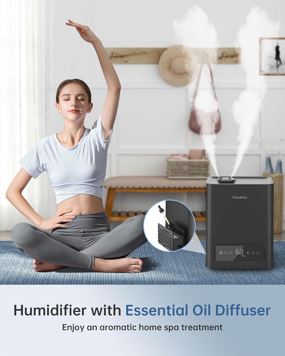 FABULETTA Humidifiers for Bedroom Large Room, 6L Top-Fill Humidifier with Remote Control, 3 Mist Levels, Essential Oil Diffuser, 2.4Mhz Ultrasonic, Auto Mode, Quiet Sleep & Night Light(Black) - Image 7