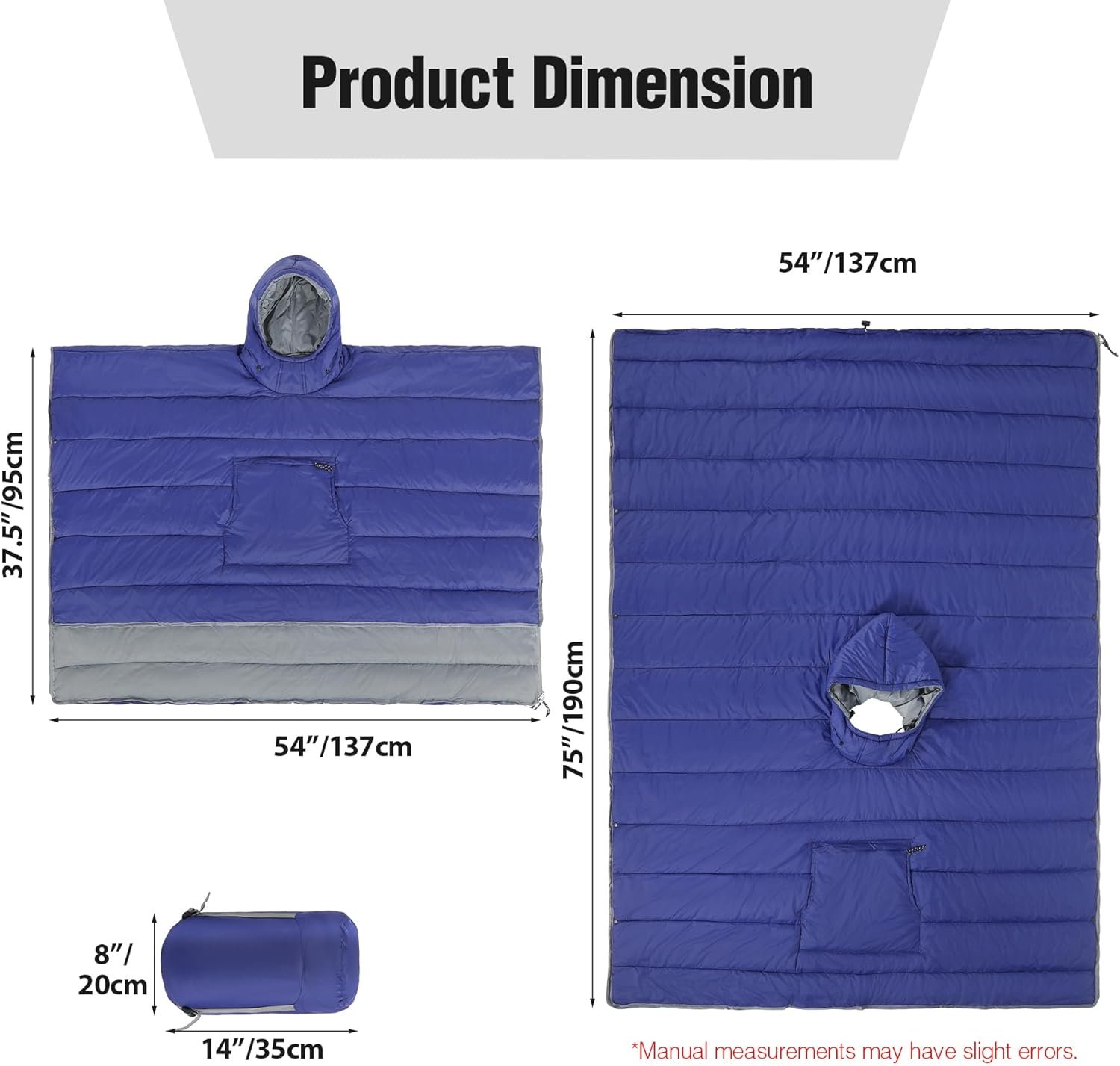 Camp Poncho Sleeping Bag, Wearable Hooded Stadium Blanket Sack Cold Weather for Adult, Blue - Image 3