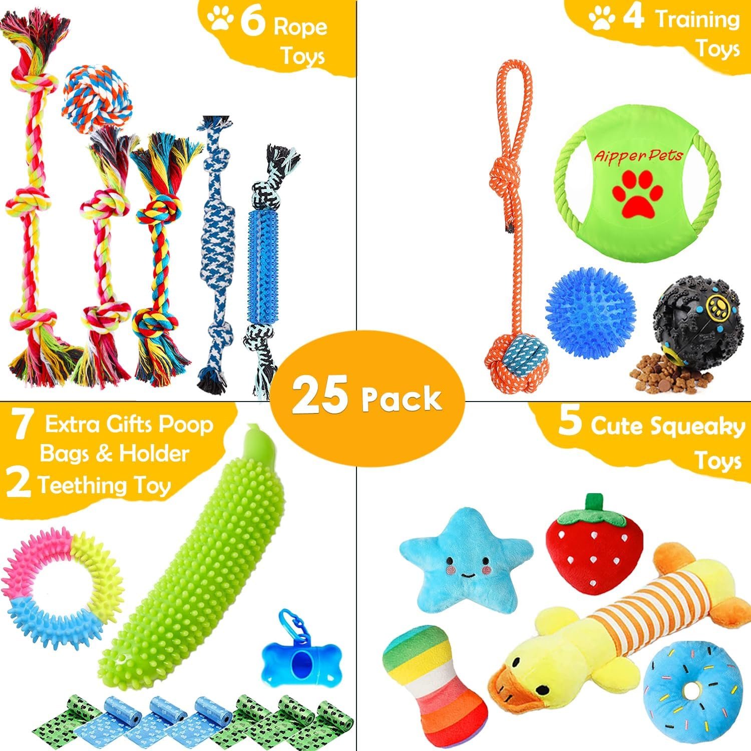 Dog Puppy Toys 25 Pack, Puppy Chew Toys for Fun and Teeth Cleaning, Dog Squeak Toys,Treat Dispenser Ball, Tug of War Toys, Puppy Teething Toys, Dog Rope Toys Pack for Puppy to Small Dogs - Image 3