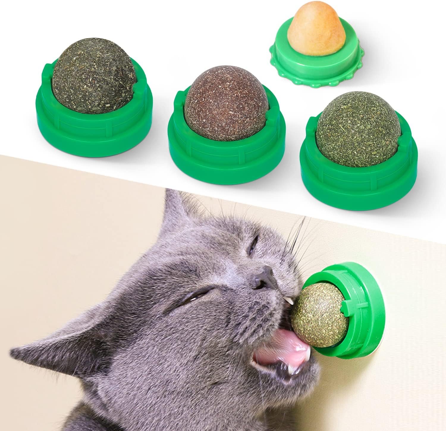 Potaroma Catnip Toys Balls 4 Pcs, Extra Cat Energy Ball, Edible Kitten Silvervine Toys for Cats Lick, Healthy Kitty Teeth Cleaning Dental Chew Toys, Cat Wall Treats (Green) - Image 2