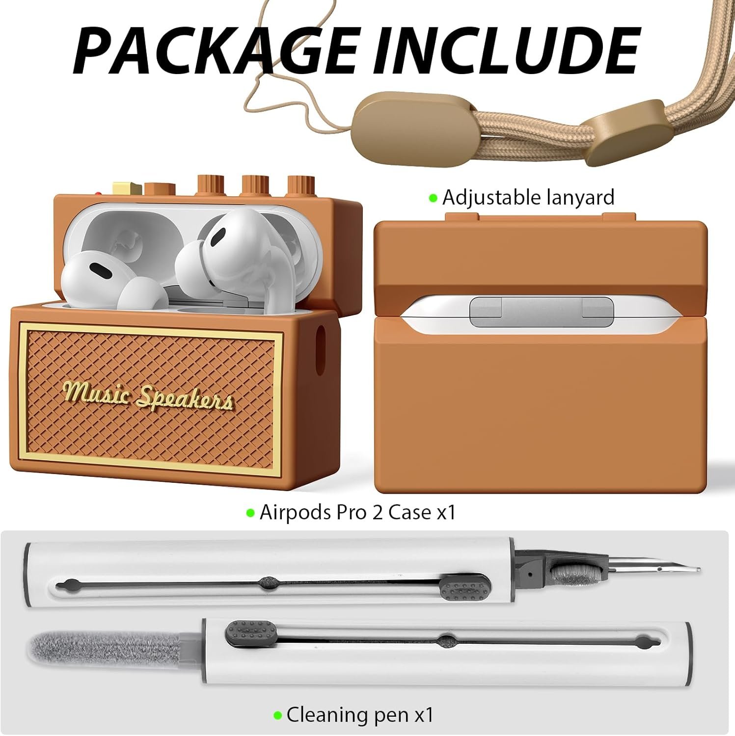 AirPods Pro 2nd Generation Case Cover with Cleaner Kit, Airpod pro case Guitar amp Retro Audio Design Soft Silicone Protective Cover for AirPods Pro 2 Case with Lanyard (2023/2022) Brown - Image 6