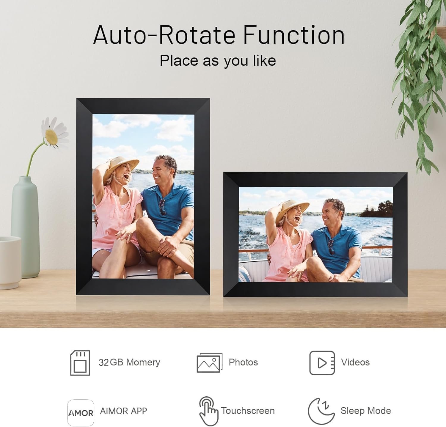 AEEZO 10.1 Inch WiFi Digital Picture Frame, IPS Touch Screen Smart Cloud Photo Frame with 32GB Storage, Auto-Rotate Easy Setup to Share Photos or Videos via AiMOR APP, Wall Mountable Black - Image 4