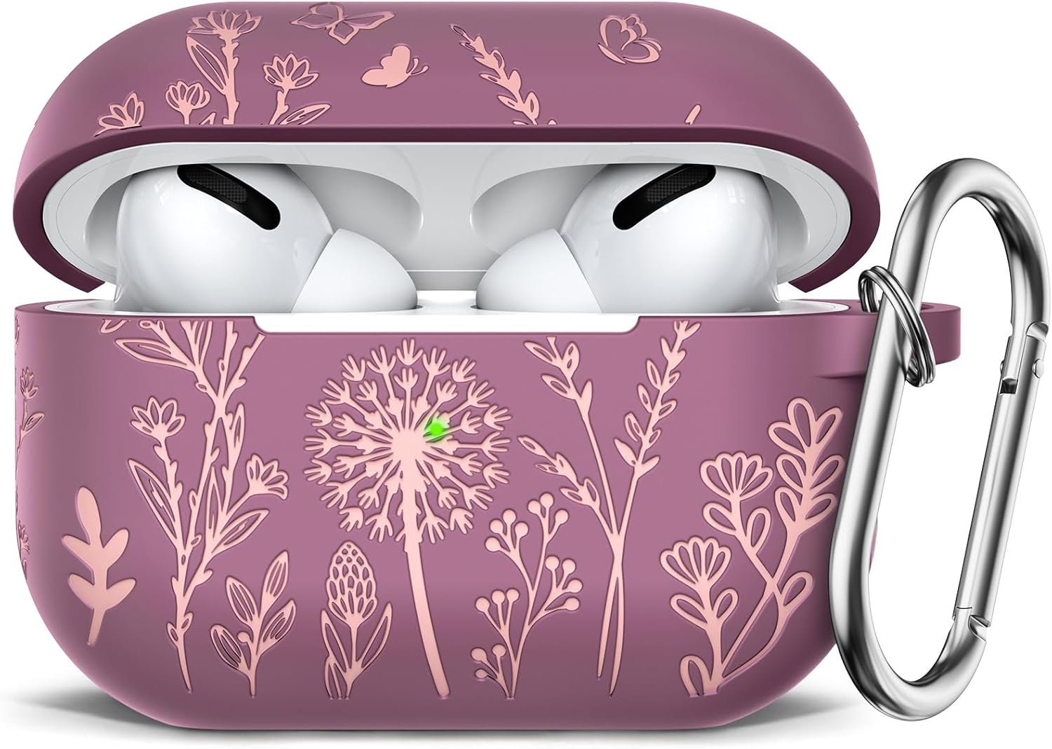 Minyee Airpods Pro 2nd Generation Case, Cute Floral Engraved Soft Silicone Two-Tone Protective Cover Compatible with Apple Airpods Pro 2nd & 1st Generation Case with Keychain Women, Violet Smoke/Pink - Image 2