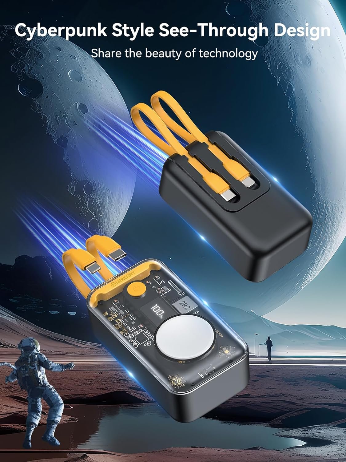 NEWDERY for Apple Watch Charger, 10000mAh Portable Charger Power Bank Built-in Cables, USB C Fast Charging External Battery Pack with LED Display for iPhone 16/15/14/13/12/iWatch/Airpods/Galaxy Phones - Image 7