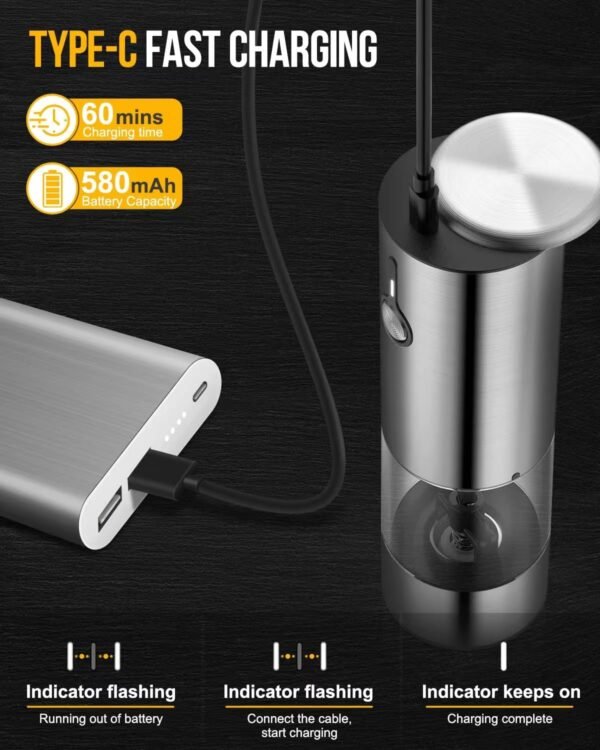 [Upgraded 66g Large Capacity] Electric Salt and Pepper Grinder Set USB Rechargeable with 6-Level Adjustable Coarseness Stainless Steel Automatic Salt n Pepper Mills Shakers Refillable with LED light - Image 3