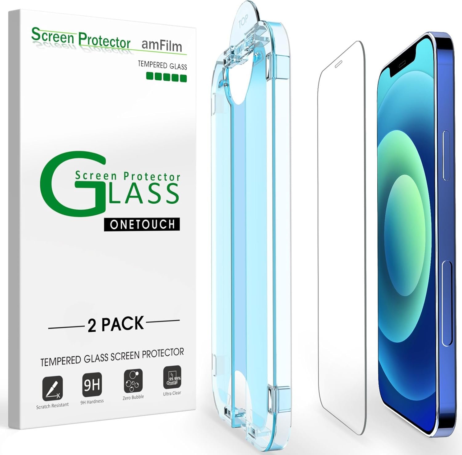 amFilm OneTouch Glass Screen Protector for iPhone 12 6.1"/ iPhone 12 Pro 6.1" with Easy Installation Kit, Tempered Glass, 2 Pack - Image 2
