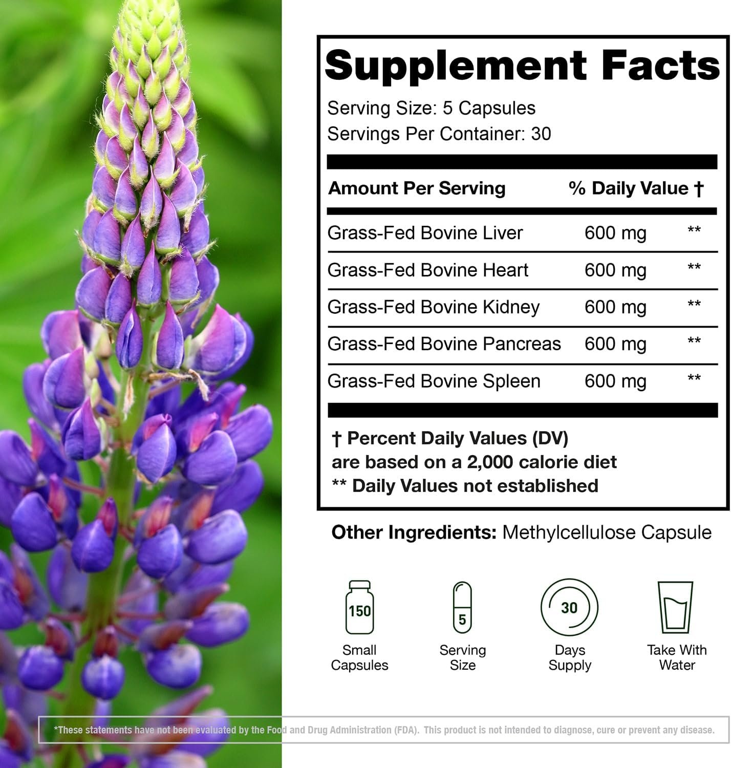 Grass Fed Beef Organ Supplement - Supports Whole Body Wellness 3000mg - with Desiccated Beef Liver, Heart, Kidney, Pancreas, Spleen - Organ Complex for Energy, Immune & Digestive Health (150 Capsules) - Image 3