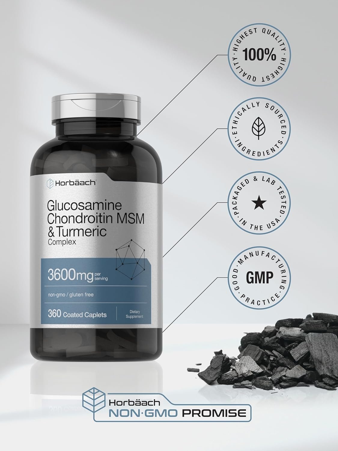 Horbäach Glucosamine Chondroitin MSM | 3600 mg | 360 Caplets | Advanced Formula with Turmeric | Non-GMO, Gluten Free - Image 6