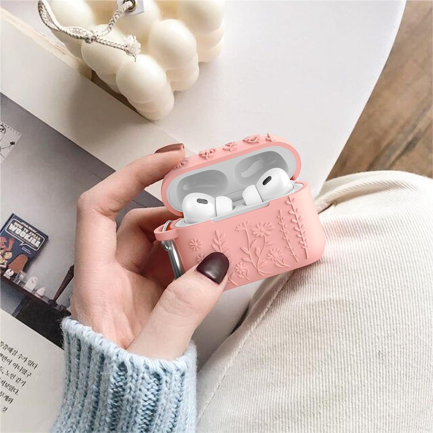 AirPods Pro 2 Case Cover, KOREDA Cute Flower Engraved Design Case for Airpods Pro 2nd Generation/1st Generation, Soft Silicone Full Protective Cover with Keychain & Cleaner Kit, Pink - Image 3