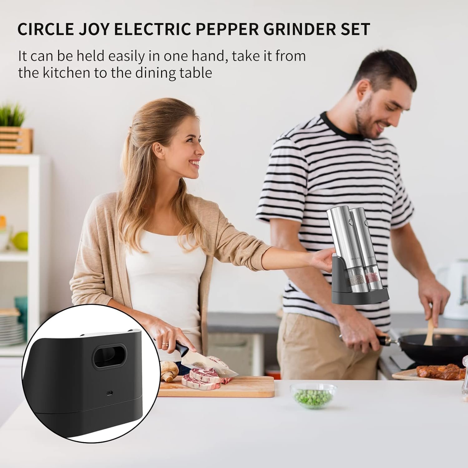 CIRCLE JOY Electric Salt and Pepper Grinder Set Stainless Steel Spice Grinder Automatic Pepper Mills with Easy-to-Carry Dual Charging Station, White Led Light, and Adjustable Coarseness, Silver - Image 3