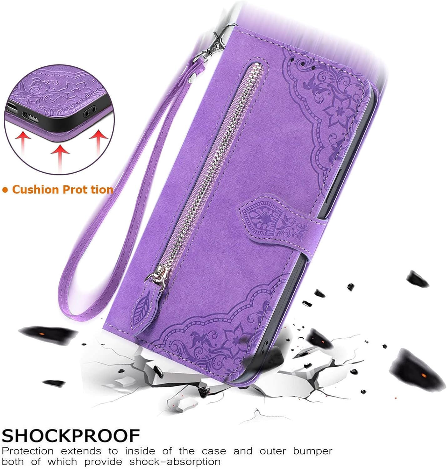 for Samsung Galaxy A14 Case Wallet,A14 Wallet Case for Women,Embossed PU Leather Protective Cover Magnetic Strap Zipper Card Holder Flip Phone Case for Samsung A14 5G(2023) (Purple) - Image 6