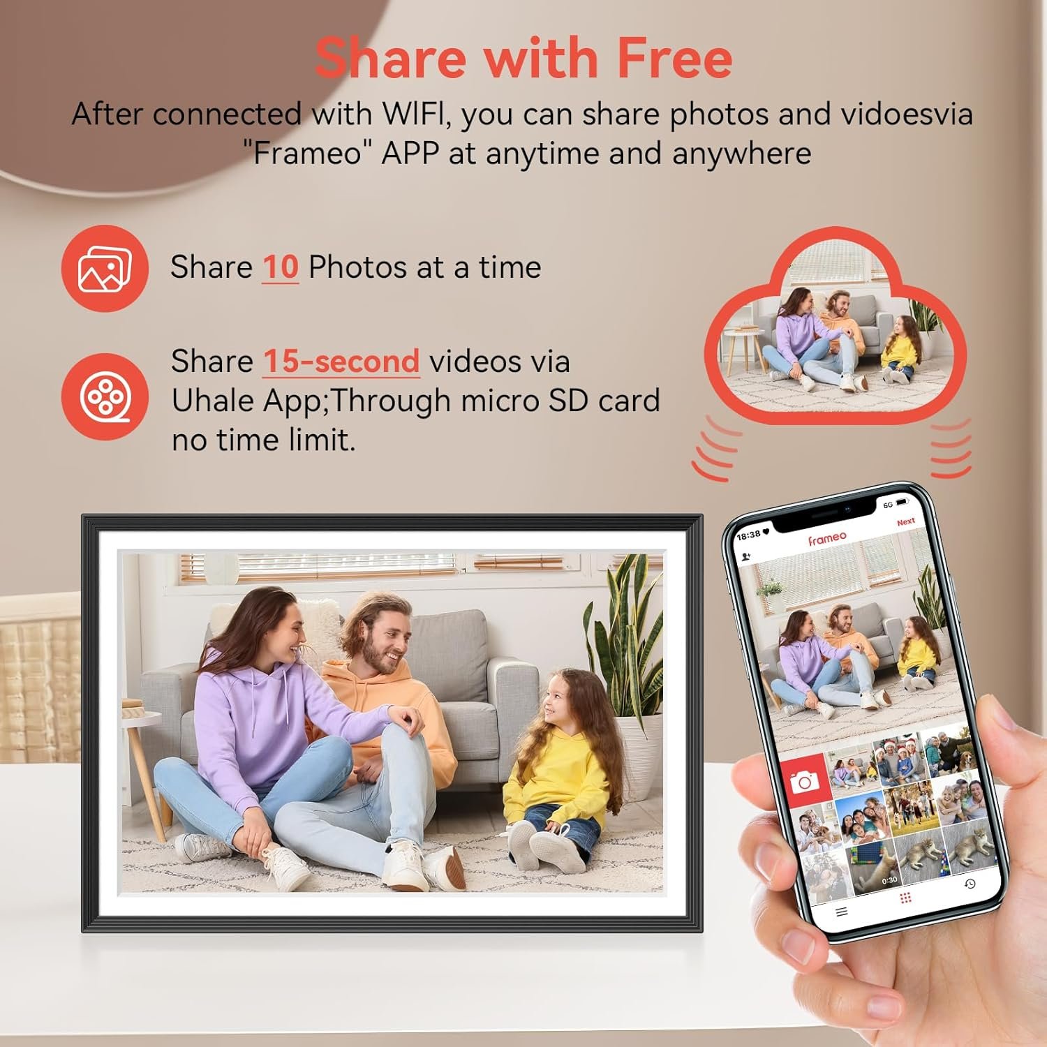 Frameo Digital Picture Frame WiFi 10.1 inch, QOCEN Smart Digital Photo Frame with 32G Memory, HD Touch Screen, Auto-Rotate, Slideshow, Easy Setup, Share Photos and Videos Anywhere - Image 3