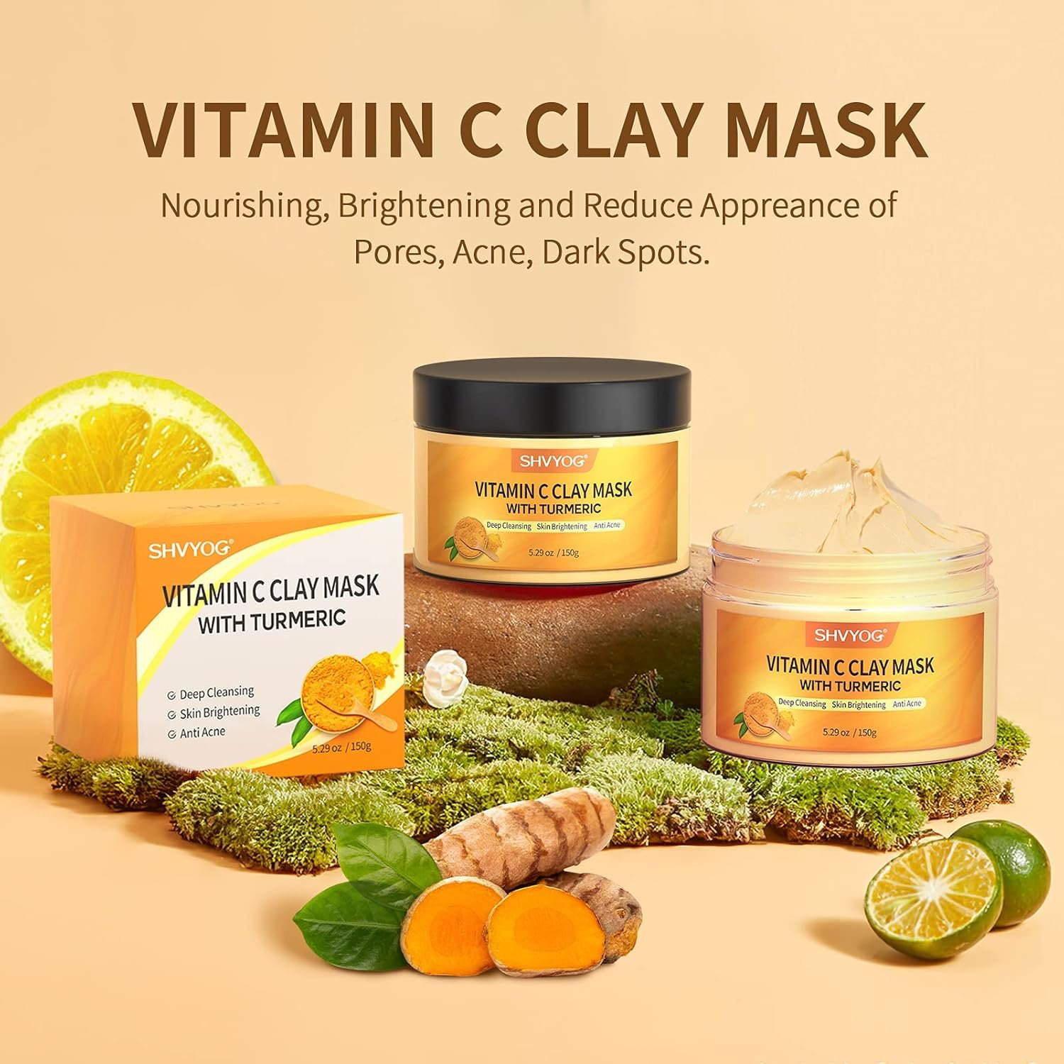 Vitamin C Face Mask with Kaolin Clay and Turmeric for Dark Spots, Dull Skin, Skincare Facial Mask for Controlling Oil and Refining Pores 5.29 Oz - Image 4