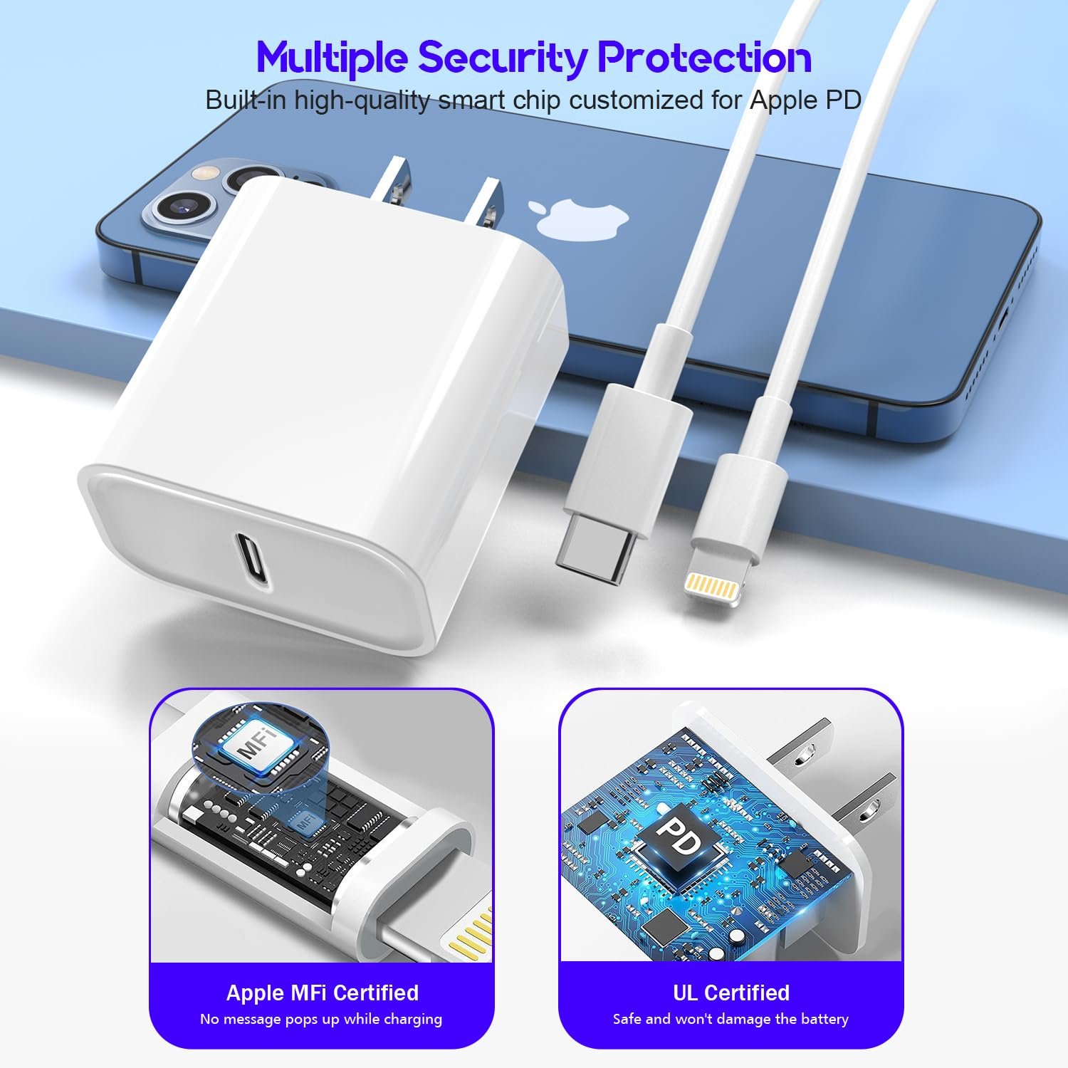 10Foot Fast iPhone Charging Cable,3-Pack Super Fast iPhone Charger USB C Charging Block Wall Charger PD Adapter with 10FT Type C to Lightning Cable Cord for iPhone 14/13/12/11Pro Max/XS Max/XS/XR/8/SE - Image 5