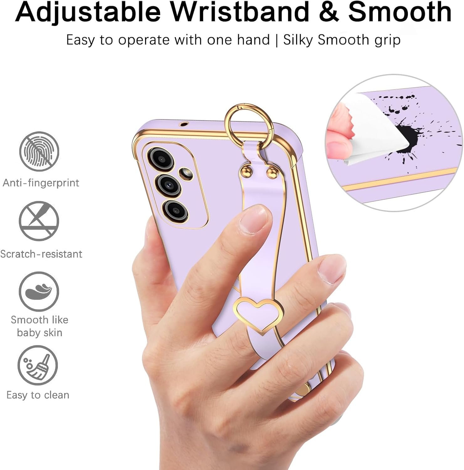 BENTOBEN for Galaxy A14 5g Phone Case with Adjustable Wristband Kickstand, Cute Heart Luxury Plating Bumper, Raised Corners Shockproof Women Girls Phone Cover for Samsung Galaxy A14, Lavender Purple - Image 3