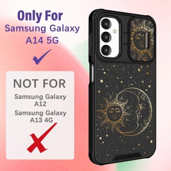 (2in1 for Samsung A14 5G Case for Women Cute Girls Cover Sun Moon Stars Fun Funny Girly Kawaii Aesthetic Cool Black Design with Camera Cover and Ring Stand for Samsung Galaxy A14 5G Case - Image 3