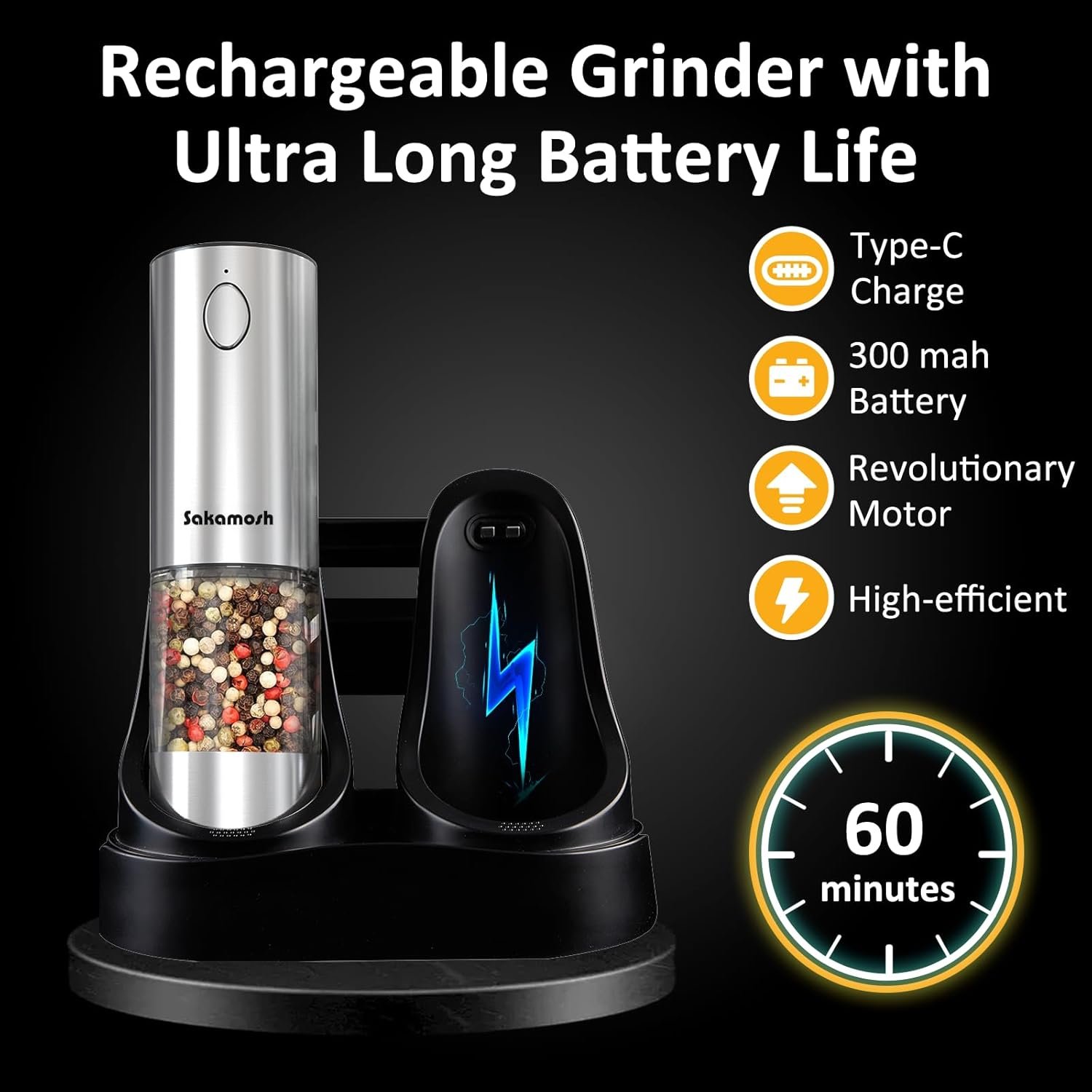 Electric Salt and Pepper Grinder Set, Rechargeable with Charging Base,Adjustable Coarseness with LED Light, Stainless Steel Automatic Pepper and Salt Mill Refillable(2 Packs) - Image 4