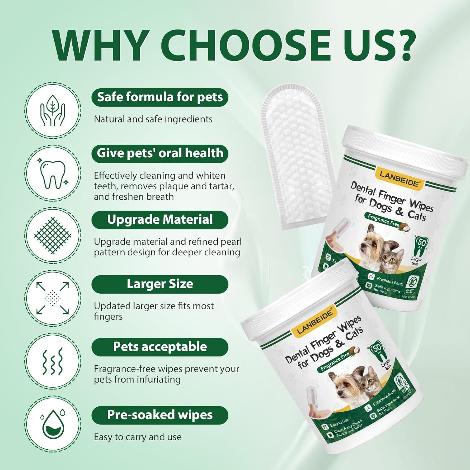 LANBEIDE Updated Larger Pet Teeth Cleaning Wipes for Dogs & Cats, Dog Dental Wipes No-Rinse Dog Finger Toothbrush for Reducing Plaque & Tartar, Breath Freshener Dental and Gum Care Pet Wipes 50 Counts - Image 3
