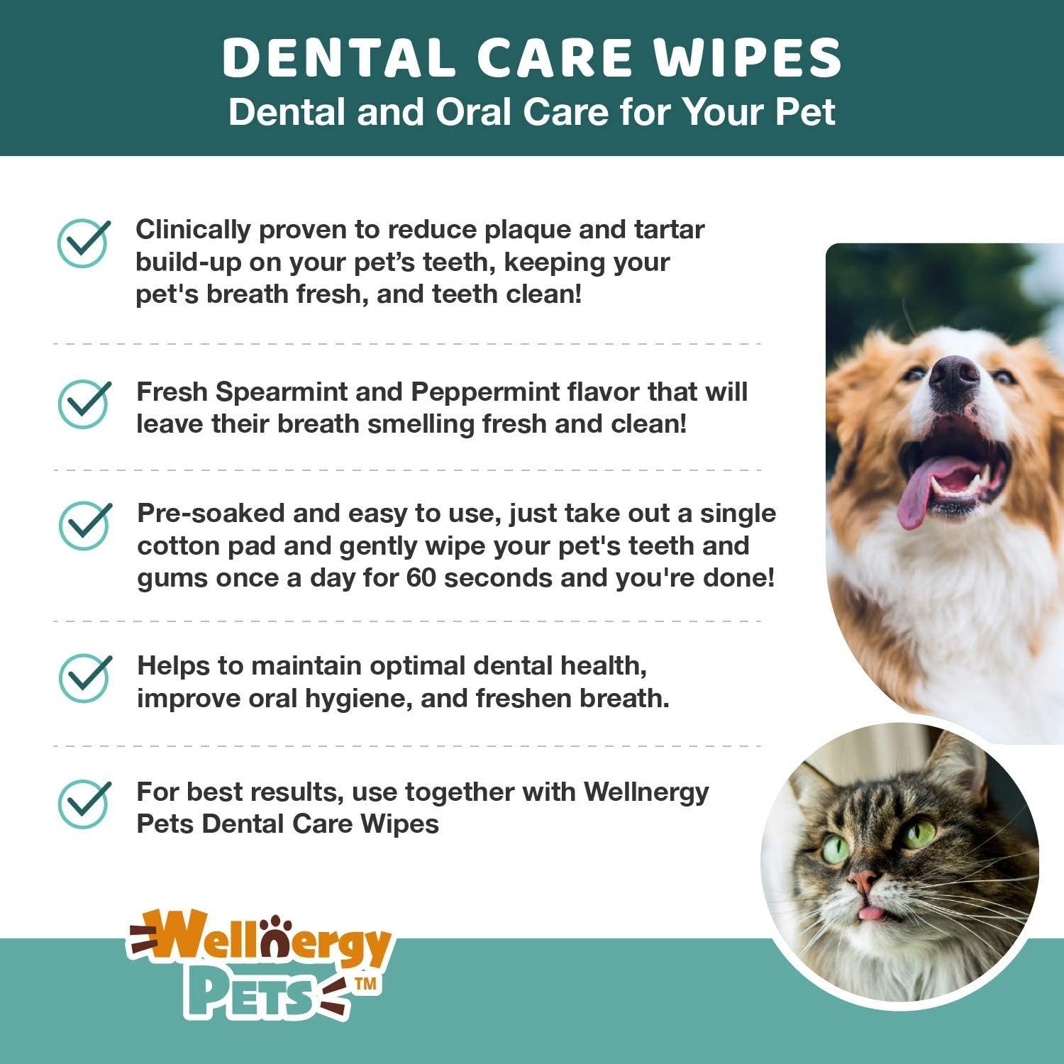 Dental Wipes for Dogs and Cats - No Brush Formula; Improve Oral Hygiene and Health; Freshen Breath; Fresh Mint Flavor. 100 Wipes. - Image 6