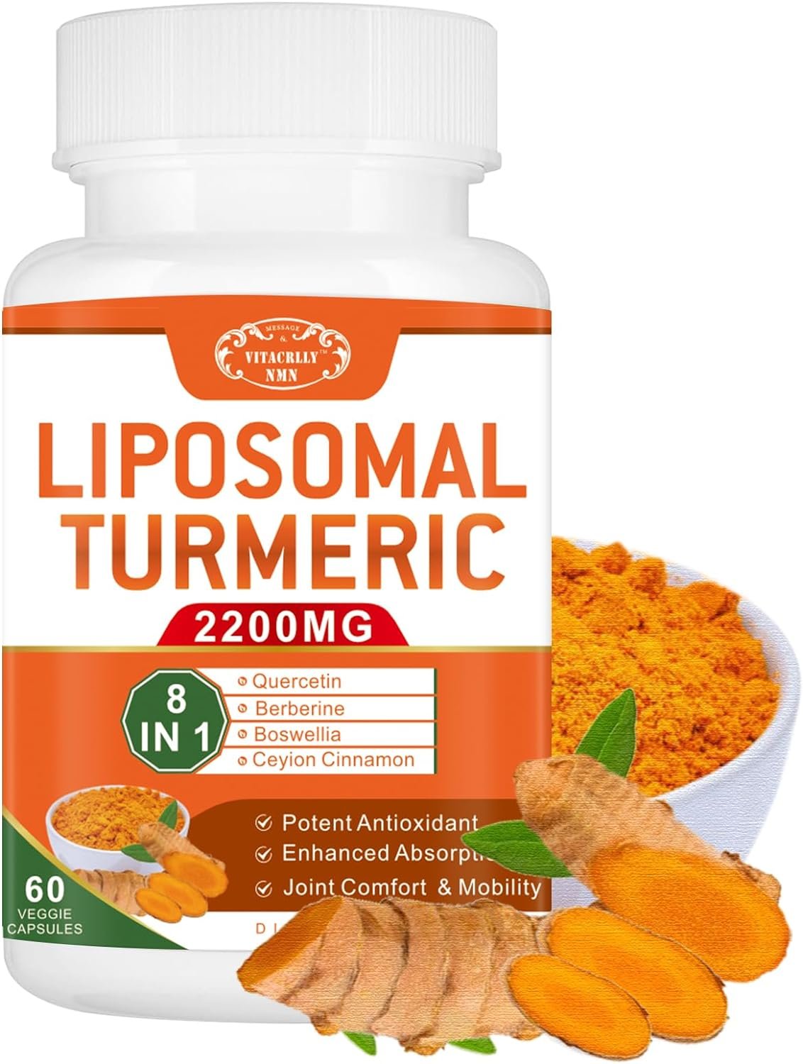 2200mg Liposomal Turmeric Curcumin Supplement with Black Pepper & Ginger Enhanced Absorption - 95% Curcumin Extract for Joint Support 60 Capsules - Image 2