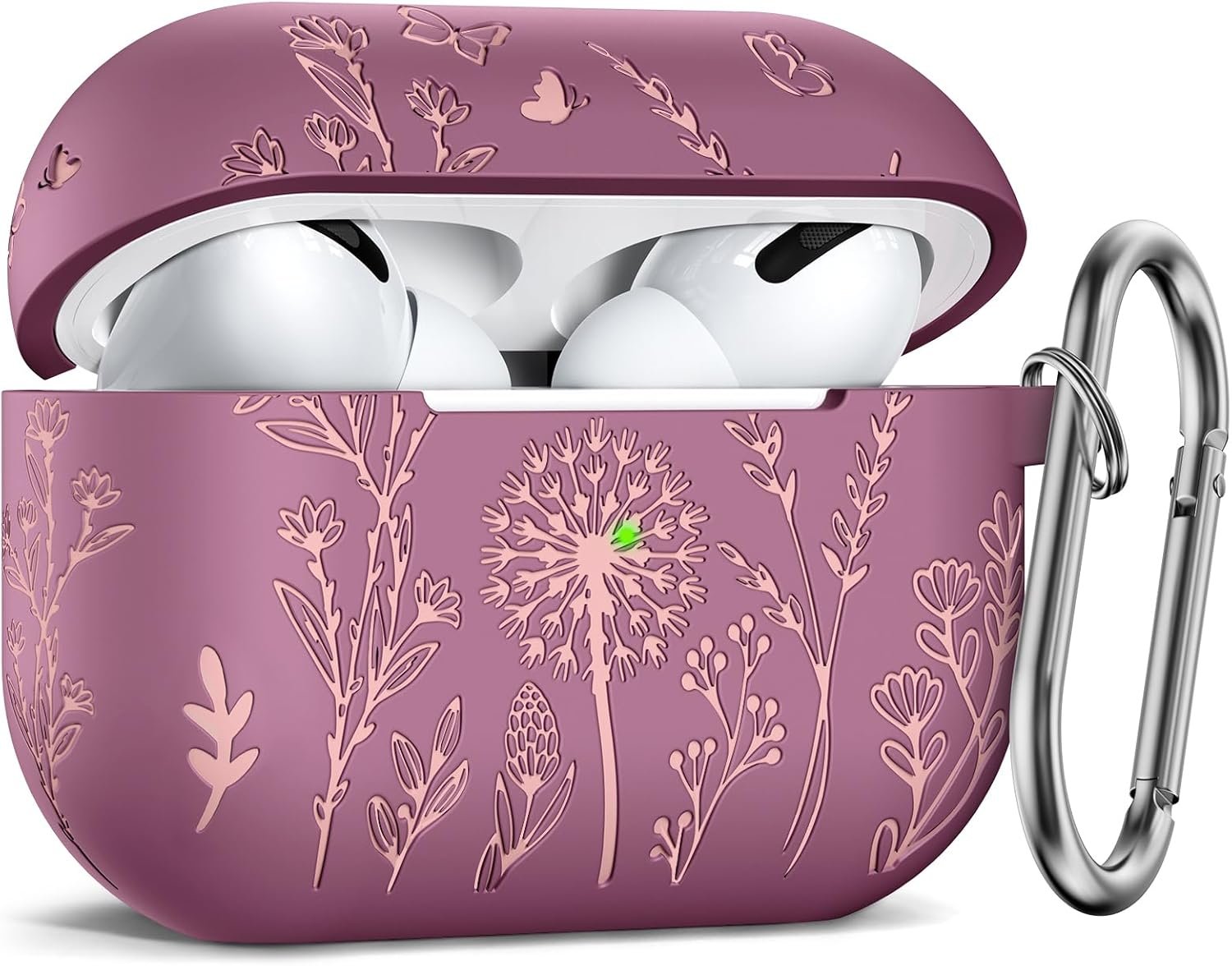 Minyee Airpods Pro 2nd Generation Case, Cute Floral Engraved Soft Silicone Two-Tone Protective Cover Compatible with Apple Airpods Pro 2nd & 1st Generation Case with Keychain Women, Violet Smoke/Pink - Image 8