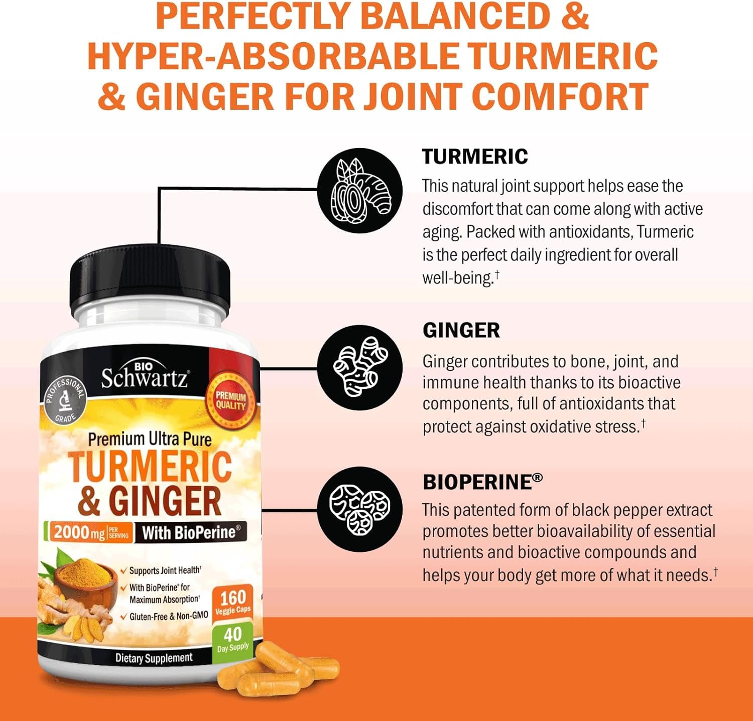 Turmeric Curcumin and Ginger 2000mg with BioPerine for Maximum Absorption, 95% Standardized Curcuminoids Natural Turmeric Supplement for Joint & Immune Support - Gluten-Free, No-GMO, 160 Capsules - Image 5