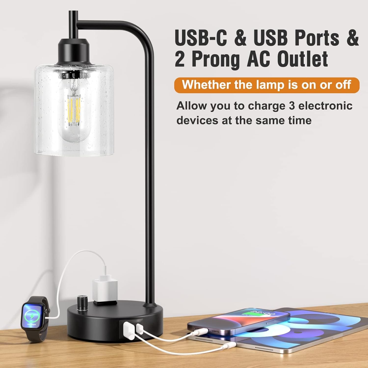 Industrial Table Lamps for Bedrooms Set of 2 - Fully Dimmable Bedside Lamps with USB A and C Ports and Outlet, Black Nightstand Lamps with Glass Shade for Living Room, Desk Lamps for Office Reading - Image 5