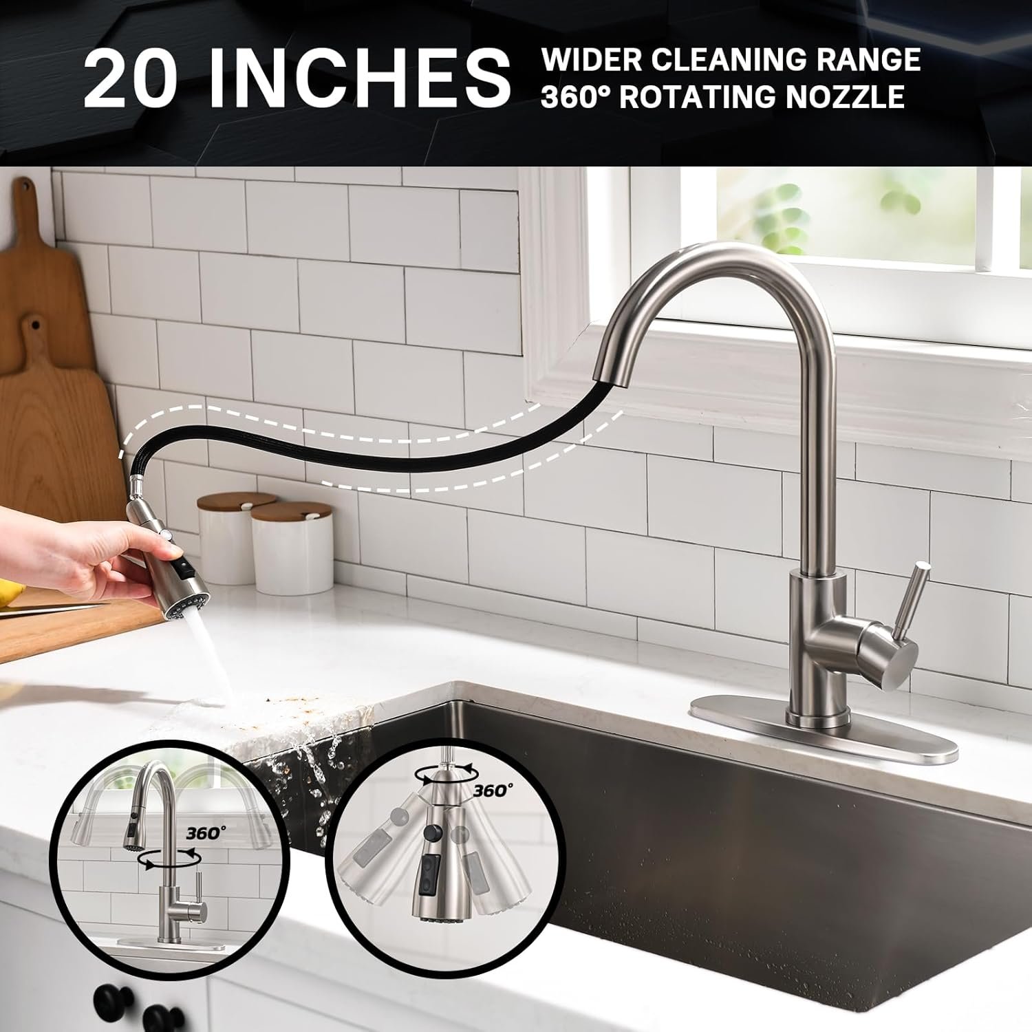 WEWE Single Handle High Arc Brushed Nickel Pull Out Kitchen Faucet,Single Level Stainless Steel Kitchen Sink Faucets with Pull Down Sprayer - Image 4