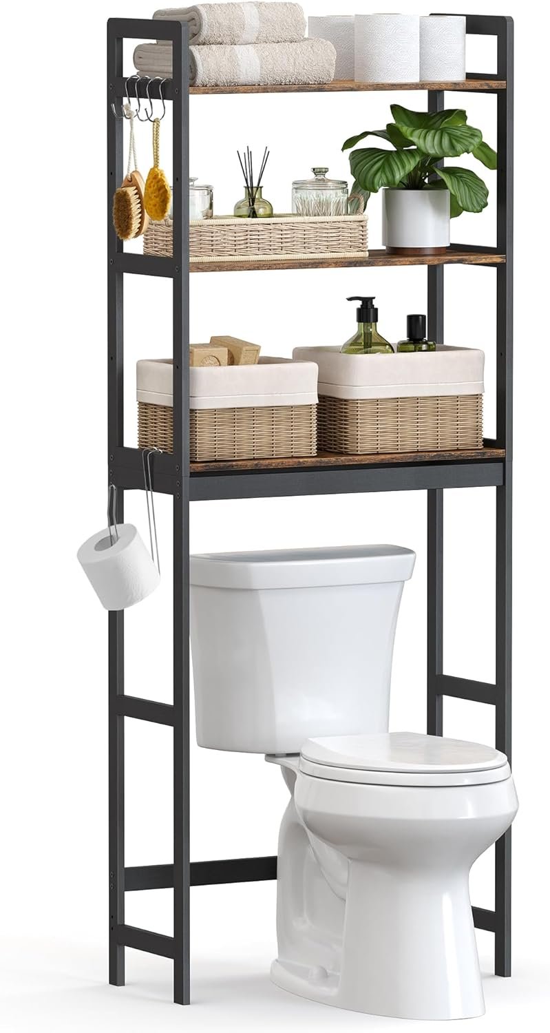 SONGMICS Over-The-Toilet Storage, 3-Tier Bathroom Organizer Over Toilet with Adjustable Shelves, Hooks, Toilet Paper Holder, Multifunctional Bathroom Shelf, Rustic Brown and Ink Black UBTS012B01 - Image 2