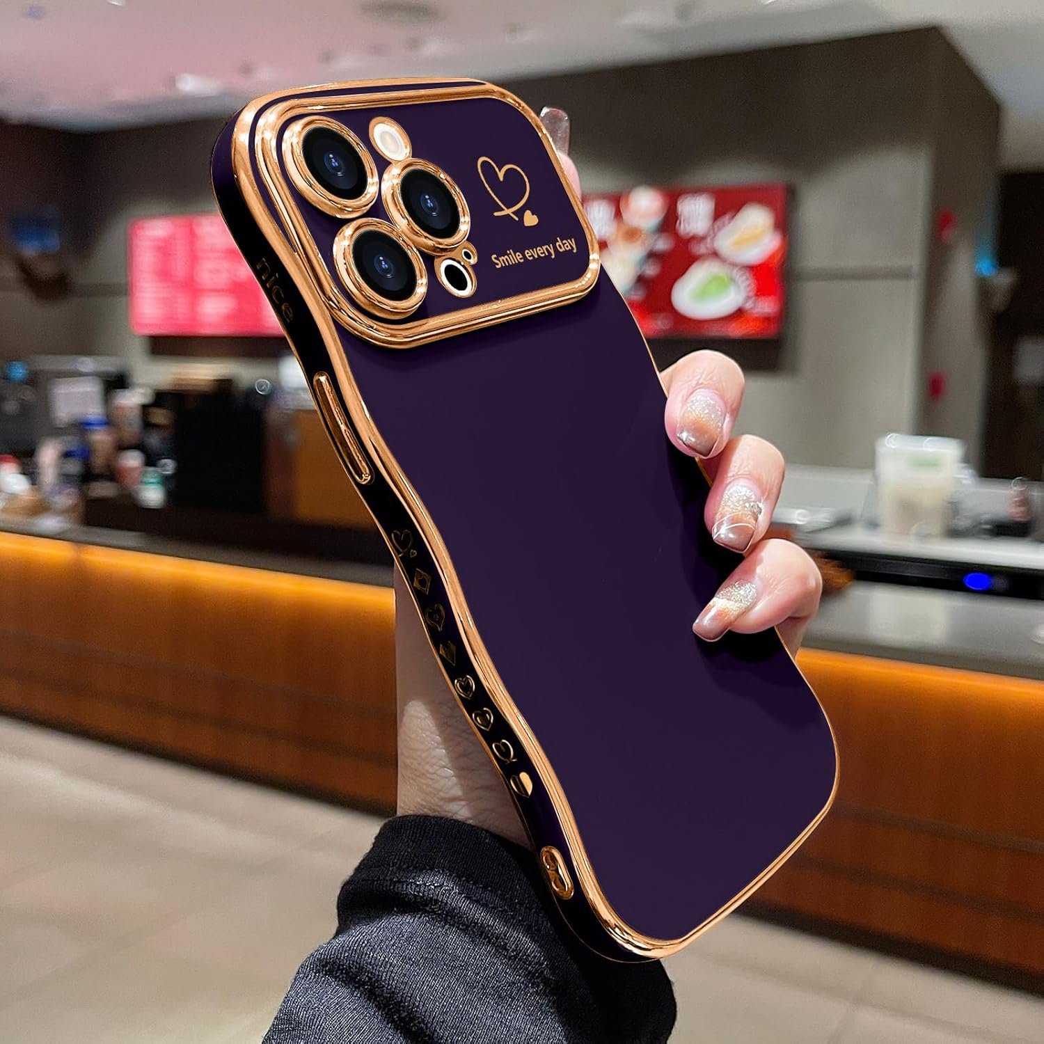 LCHULLE for iPhone 15 Pro Max Case for Women Girls, Cute Wave Frame Curly Shape with Love Heart Raised Camera Protection Cover Luxury Plating Shockproof Phone Case for iPhone 15 Pro Max, Dark Purple - Image 3
