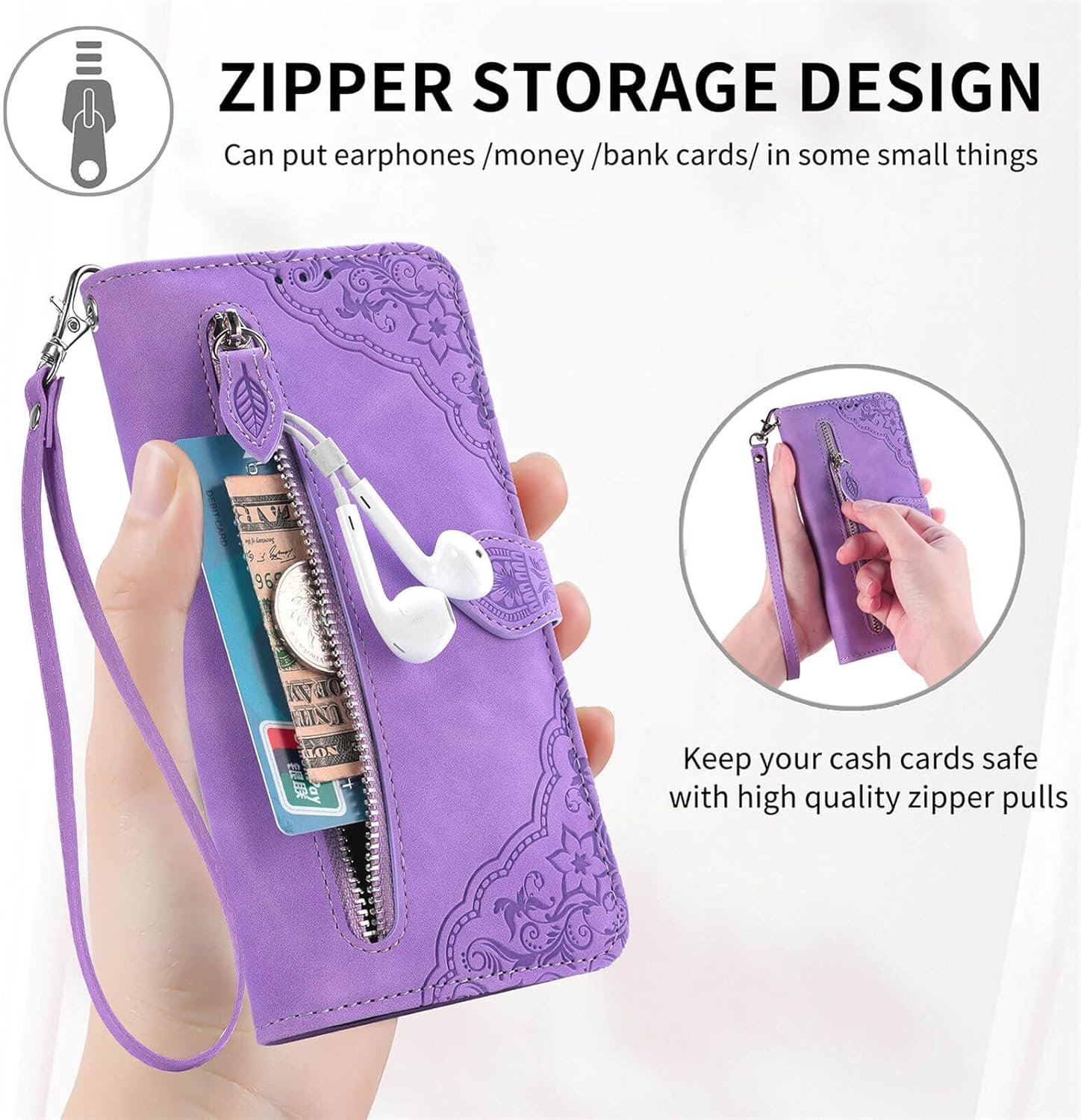 for Samsung Galaxy A14 Case Wallet,A14 Wallet Case for Women,Embossed PU Leather Protective Cover Magnetic Strap Zipper Card Holder Flip Phone Case for Samsung A14 5G(2023) (Purple) - Image 5