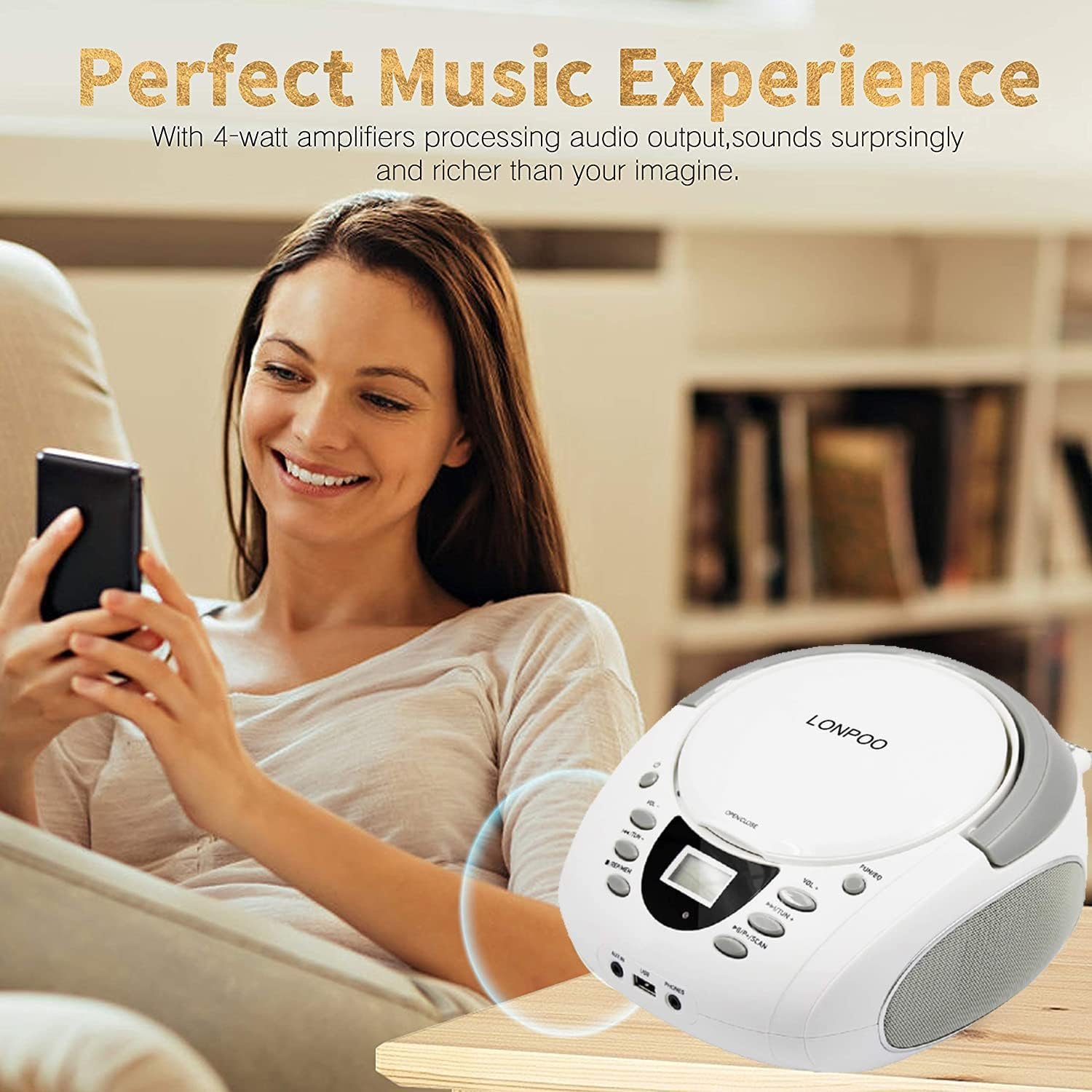 LONPOO CD Player Portable Boombox with FM Radio/USB/Bluetooth/AUX Input and Earphone Jack Output, Stereo Sound Speaker & Audio Player,White - Image 7